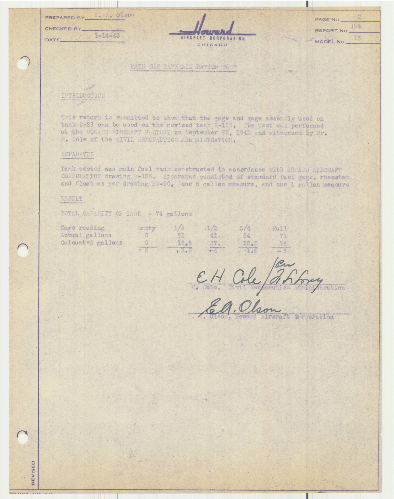 Sample page 3 from AirCorps Library document: Report 194, Main Gas Tank Calibration, DGA-15