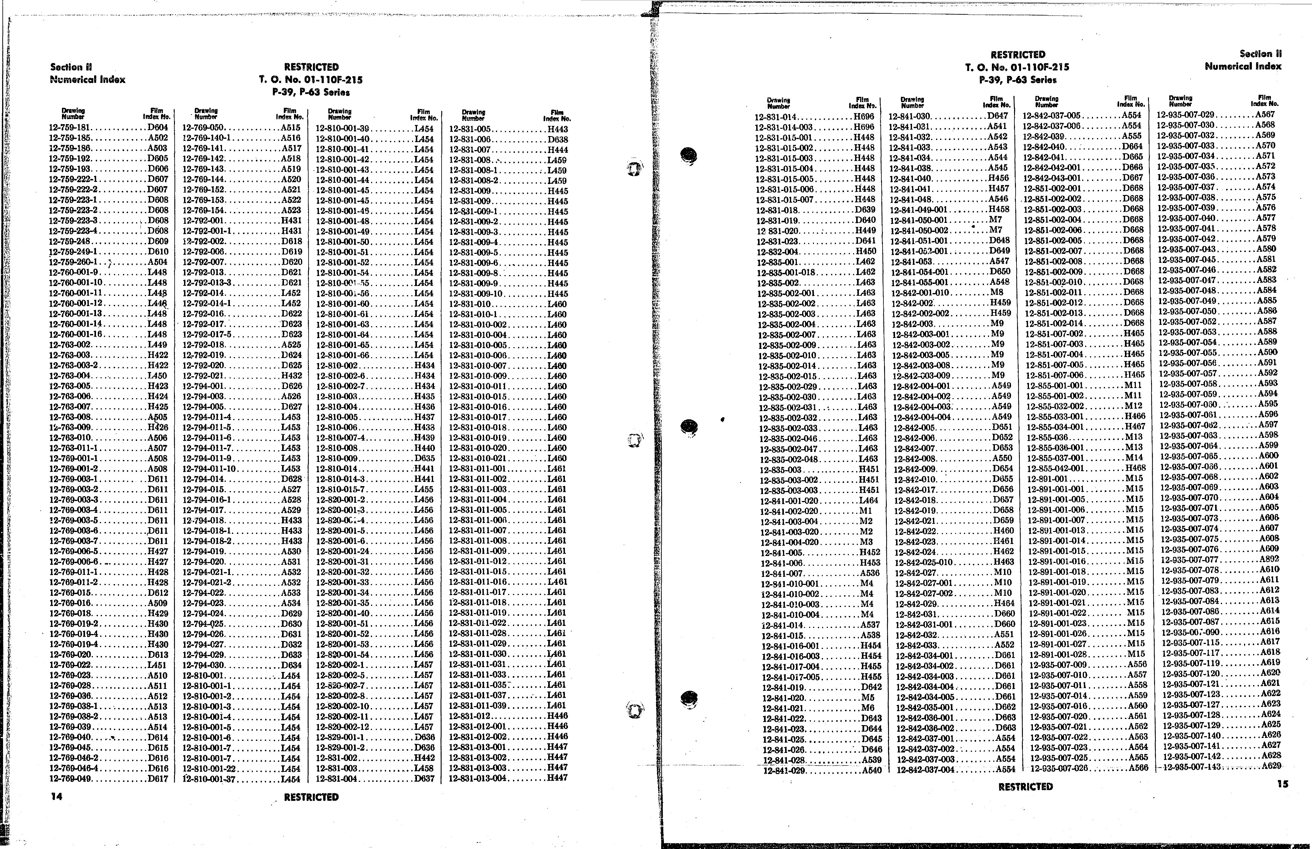 Sample page 10 from AirCorps Library document: Index of Drawings on Microfilm for the P-39 and P-63 Series