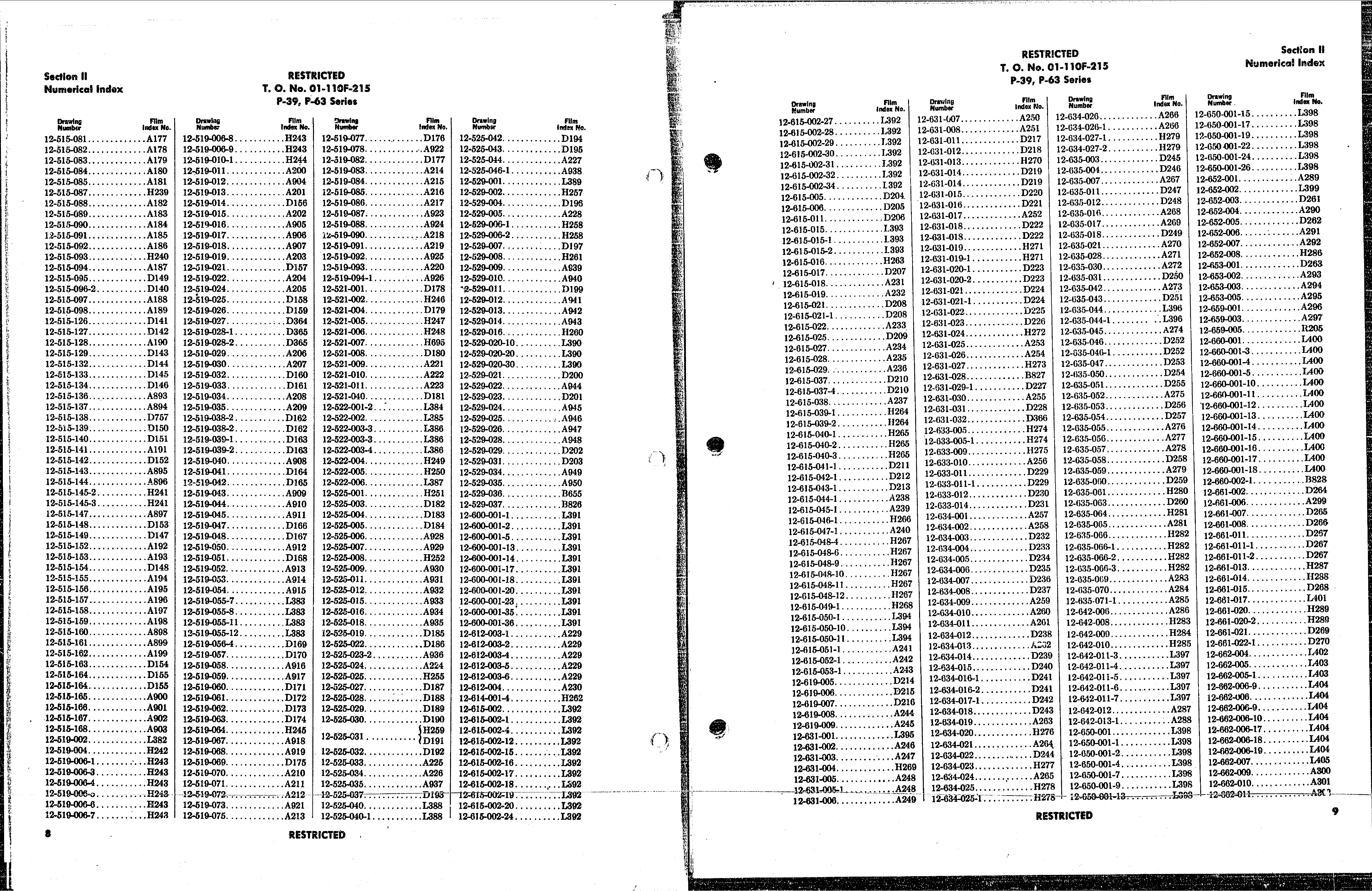 Sample page 7 from AirCorps Library document: Index of Drawings on Microfilm for the P-39 and P-63 Series
