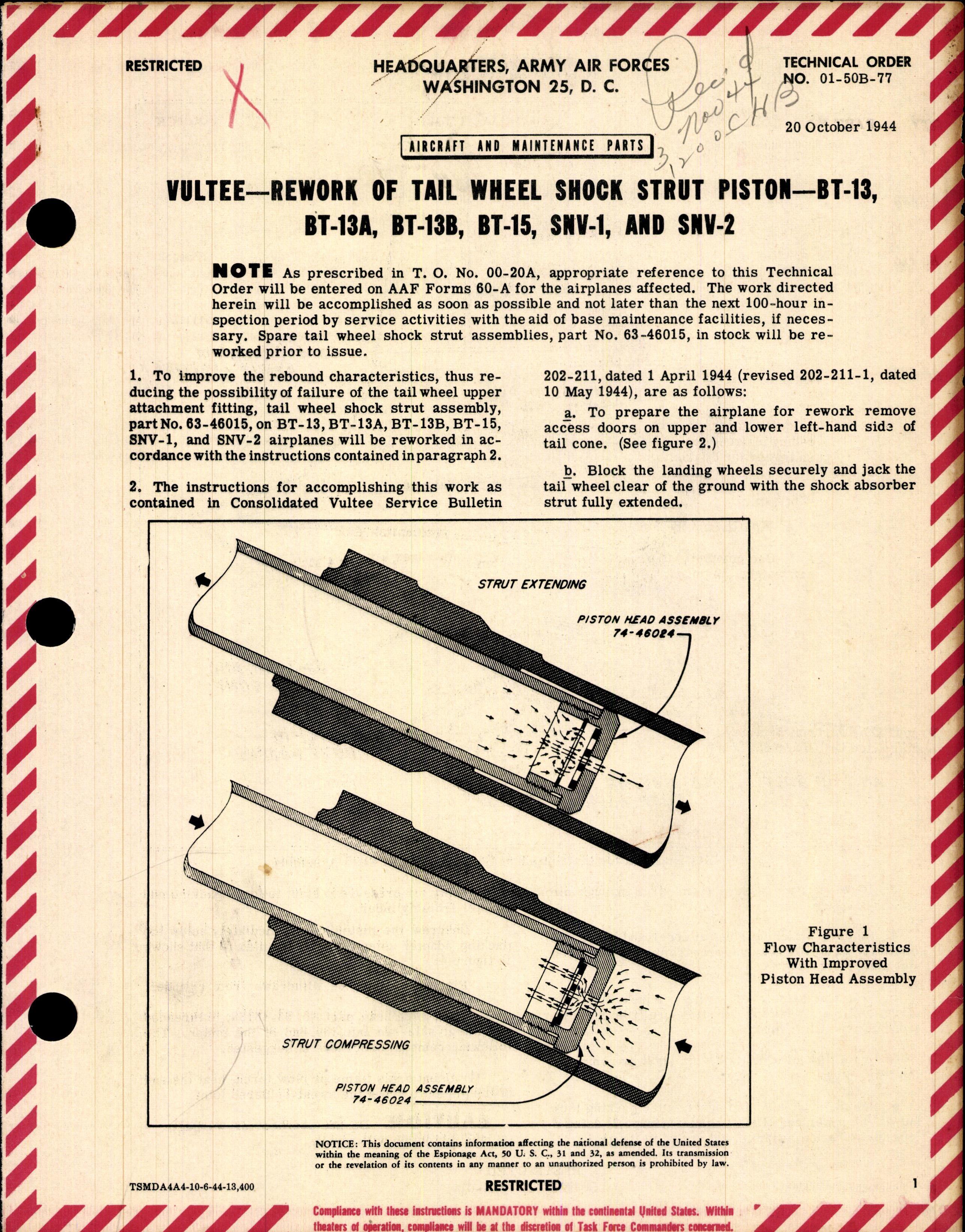 Sample page 1 from AirCorps Library document: Rework of Tail Wheel Shock Strut Piston - BT-13, BT-13A, BT-13B, BT-15, SNV-1 and SNV-2