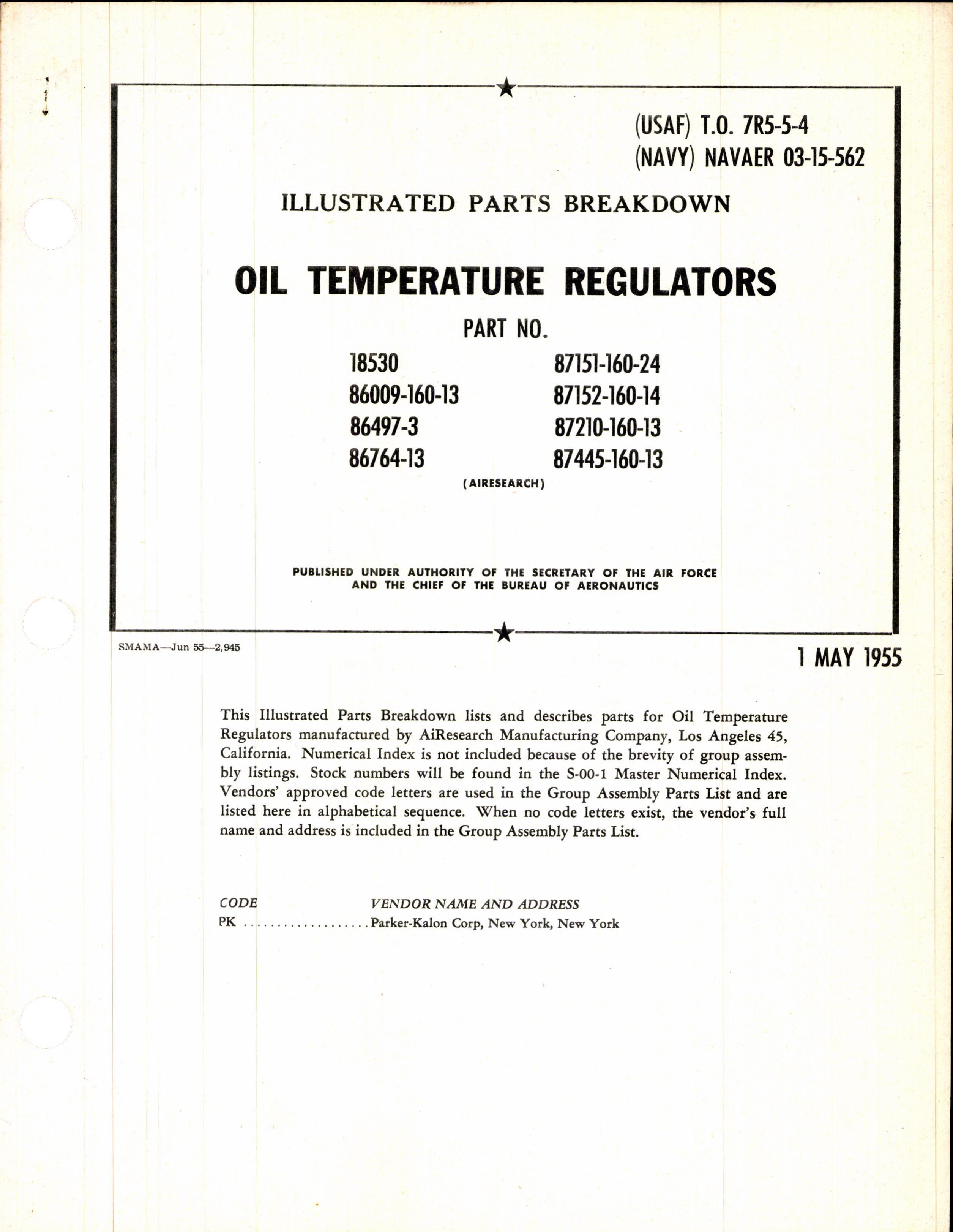 Sample page 1 from AirCorps Library document: Illustrated Parts Breakdown for Airesearch Oil Temperature Regulators