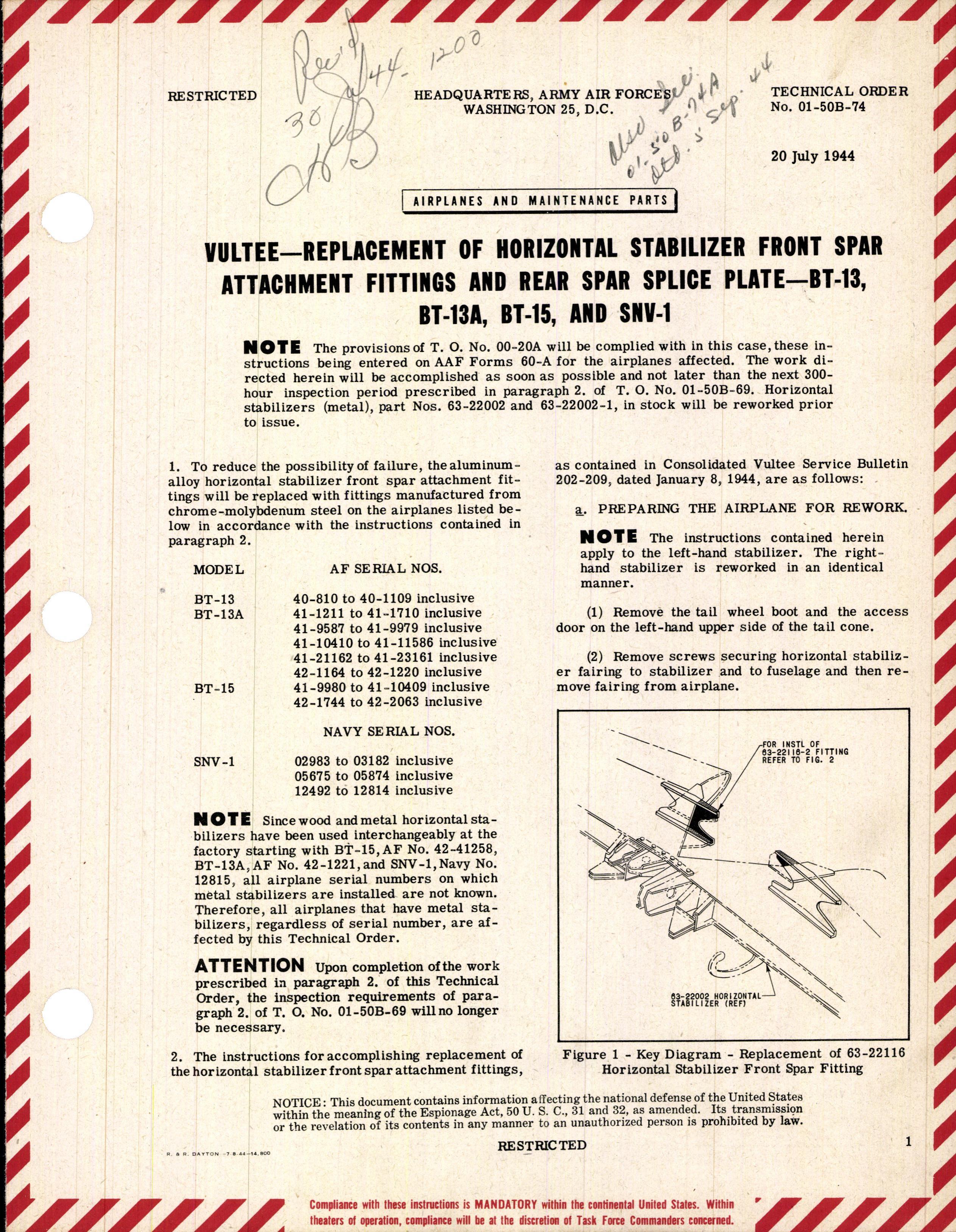 Sample page 1 from AirCorps Library document: Replacement of Horizontal Stabilizer Front Spar Attachment Fittings and Rear Spar Splice Plate - BT-13, BT-13A, BT-15, and SNV-1