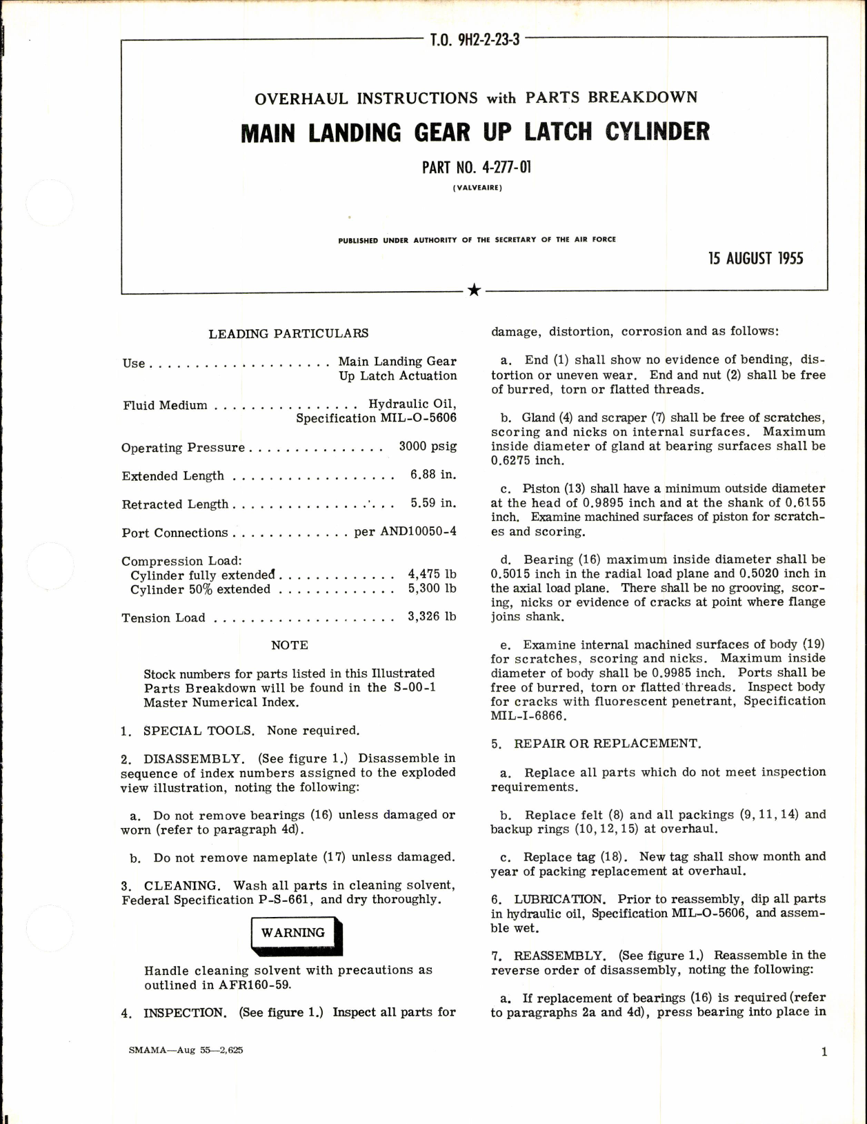 Sample page 1 from AirCorps Library document: Main Landing Gear Up Latch Cylinder Part No 4-277-01