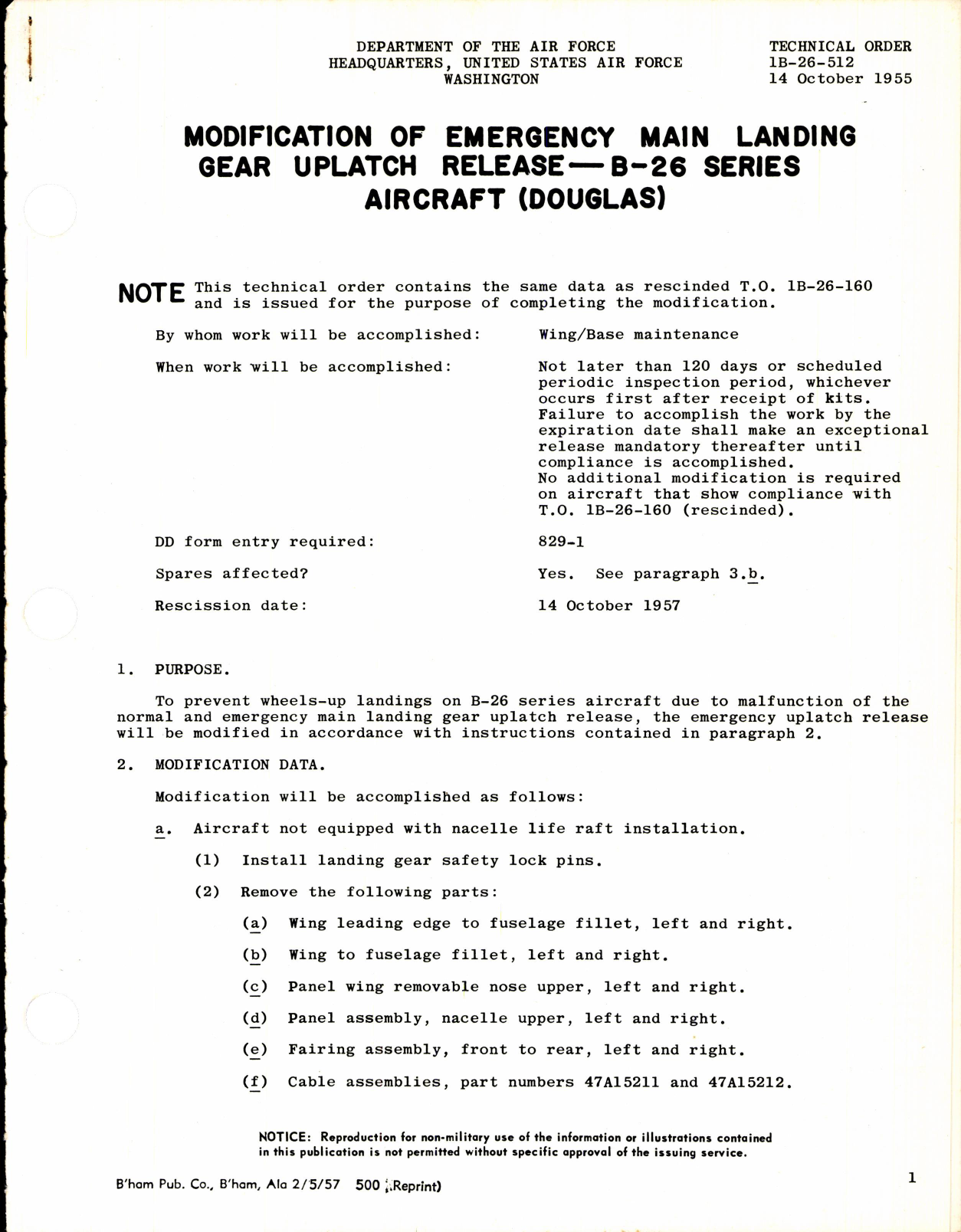 Sample page 1 from AirCorps Library document: Emergency Main Landing Gear Uplatch Release for B-26