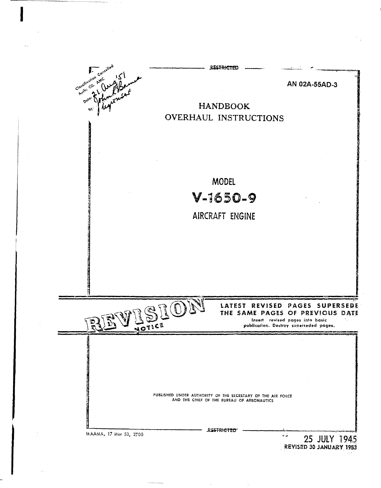 Sample page 1 from AirCorps Library document: Overhaul Instructions for Model V-1650-9 Engine