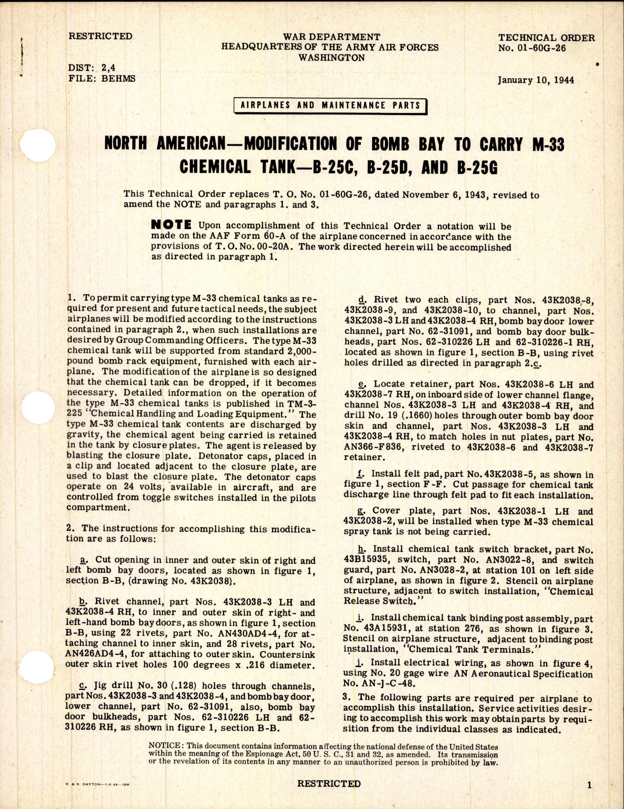 Sample page 1 from AirCorps Library document: Modification of Bomb Bay to Carry M-33 Chemical Tank for B-25