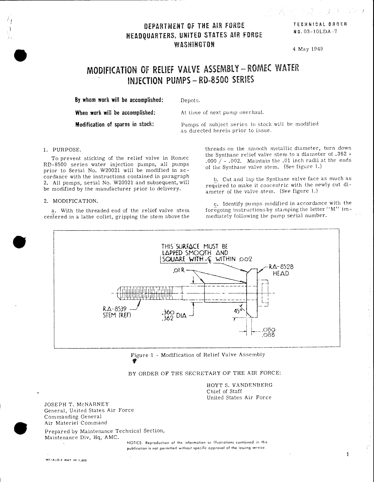 Sample page 1 from AirCorps Library document: Modification of Relief Valve Assem for Romec Water Injection Pumps RD-8500