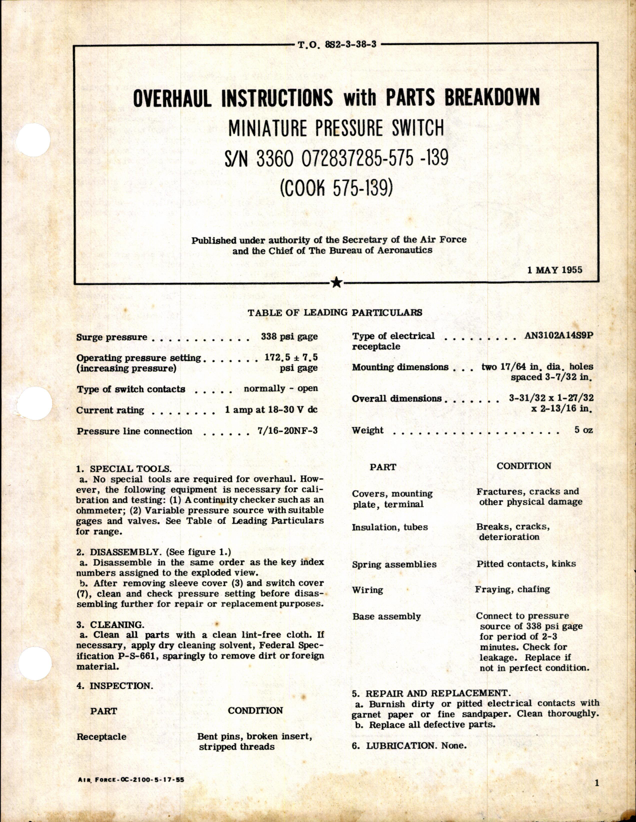 Sample page 1 from AirCorps Library document: Miniature Pressure Switch SN 3360 072837285-545