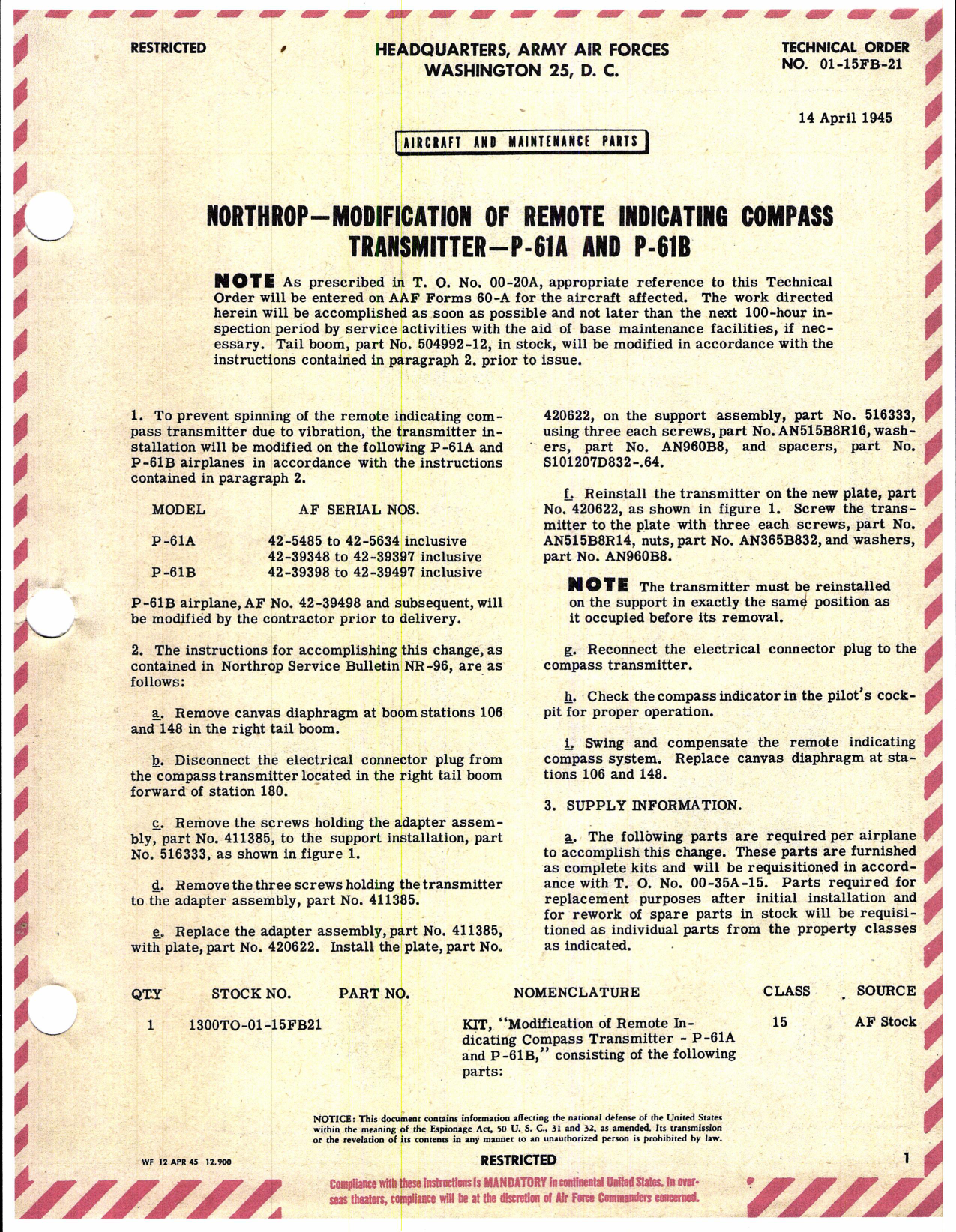 Sample page 1 from AirCorps Library document: Modification of Remote Indicating Compass Transmitter for P-61A and P-61B