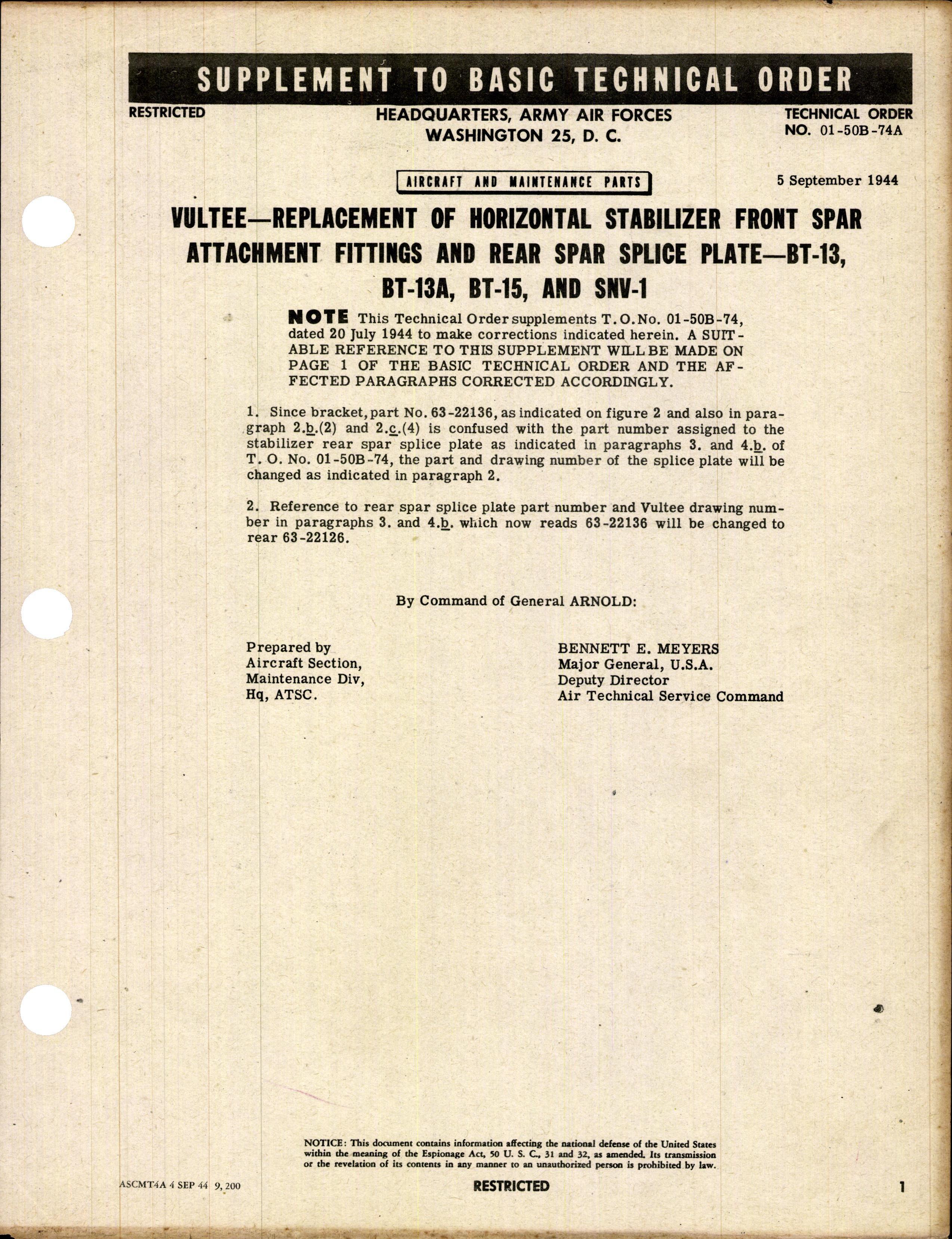 Sample page 1 from AirCorps Library document: Replacement of Horizontal Stabilizer Front Spar Attachment Fittings and Rear Spar Splice Plate - BT-13, BT-13A, BT-15, and SNV-1