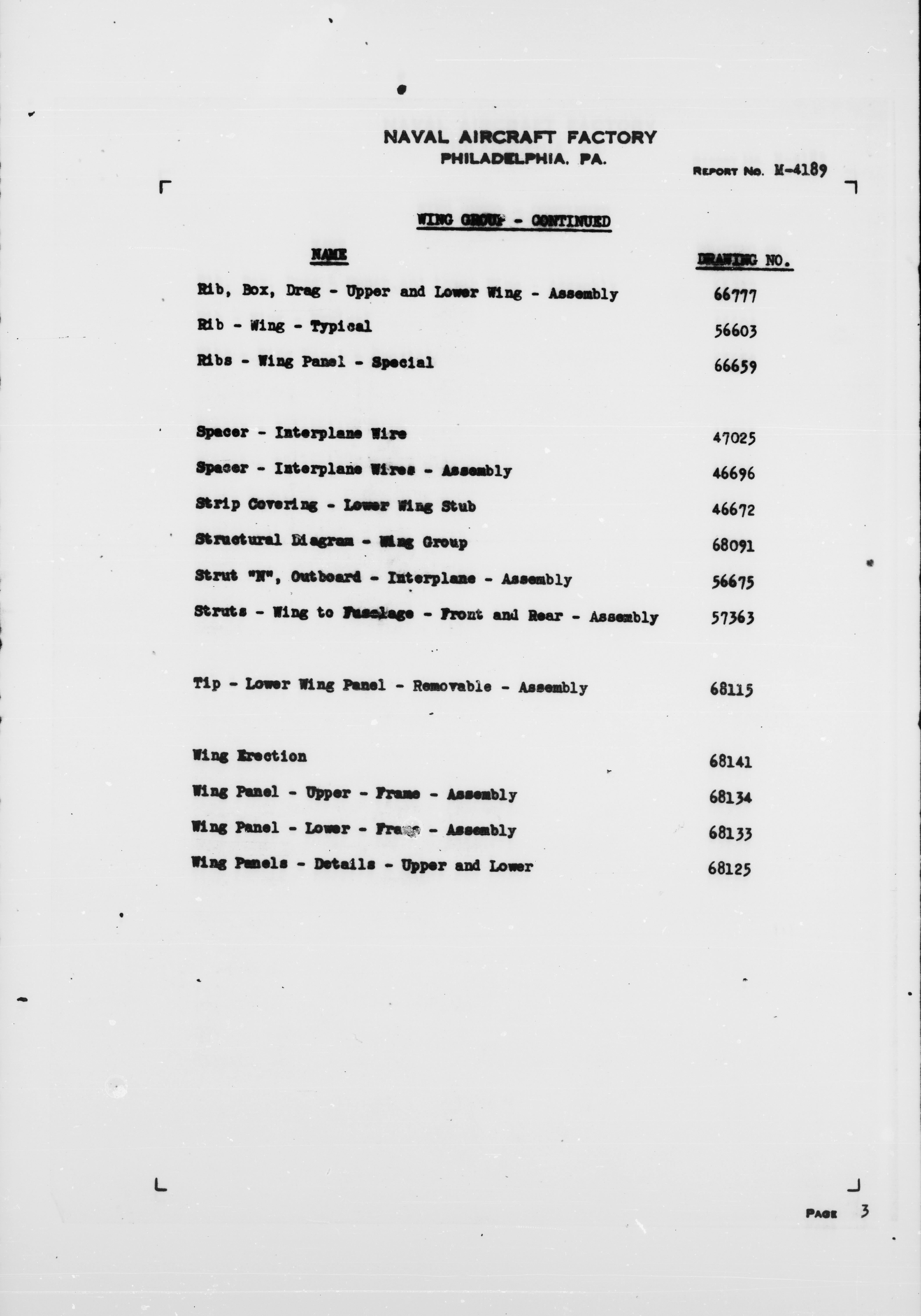 Sample page 4 from AirCorps Library document: Alphabetical Index of Drawings for Model N3N-3 Airplane