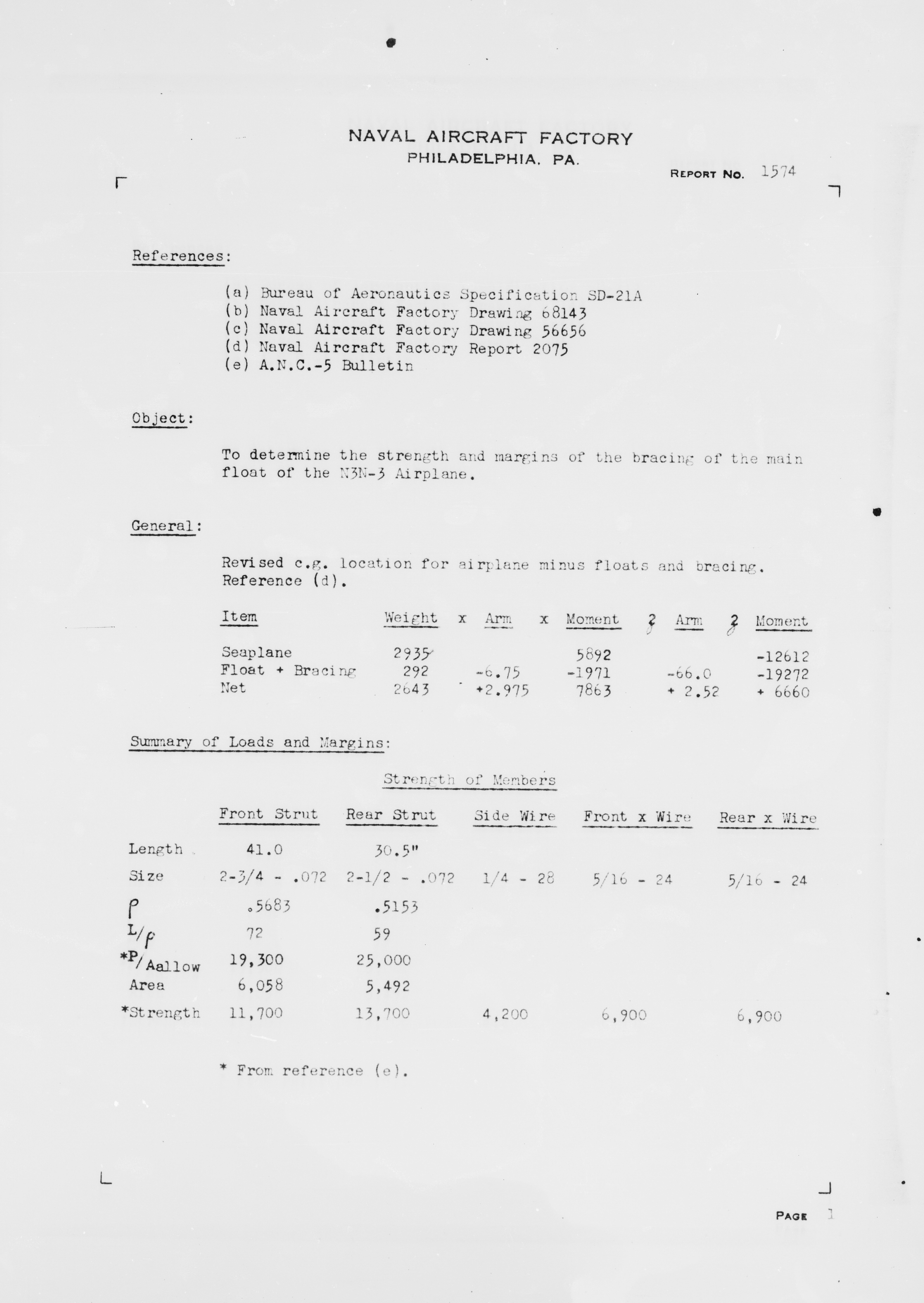 Sample page 5 from AirCorps Library document: Main Float Bracing Analysis for Model N3N-3 Airplane