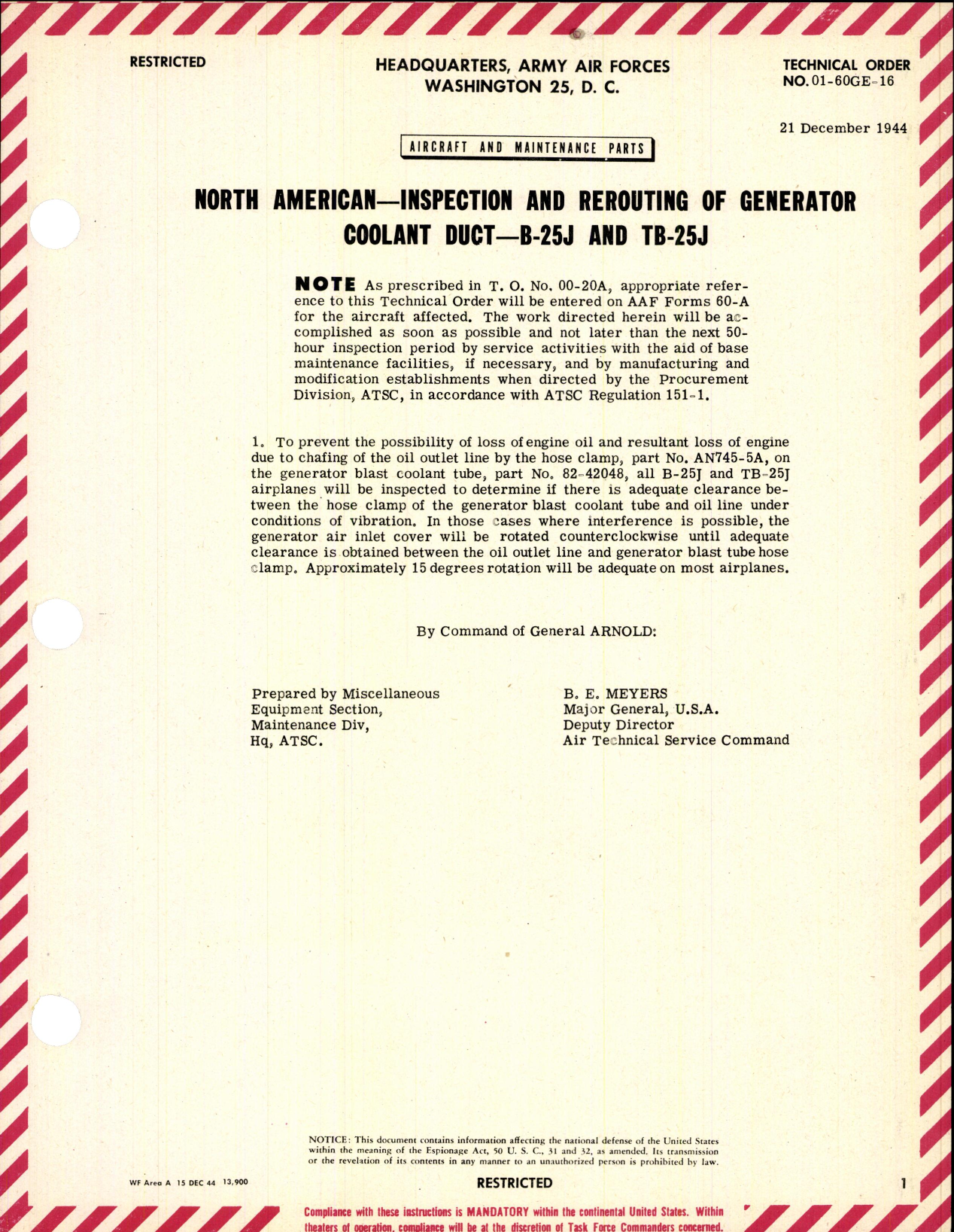 Sample page 1 from AirCorps Library document: Inspection & Rerouting of Generator Coolant Duct for B-25J