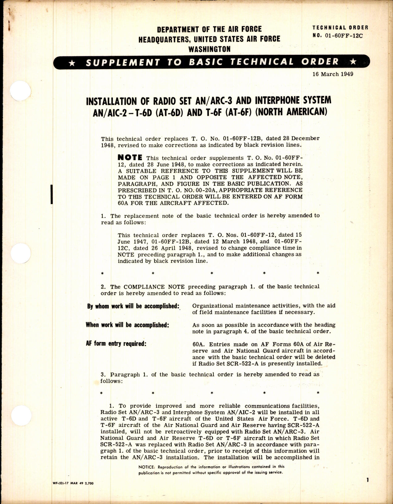 Sample page 1 from AirCorps Library document: Installation of Radio Set AN/ARC-3 and Interphone System AN/AIC-2 for T-6D (AT-6D) and T-6F (AT-6F)