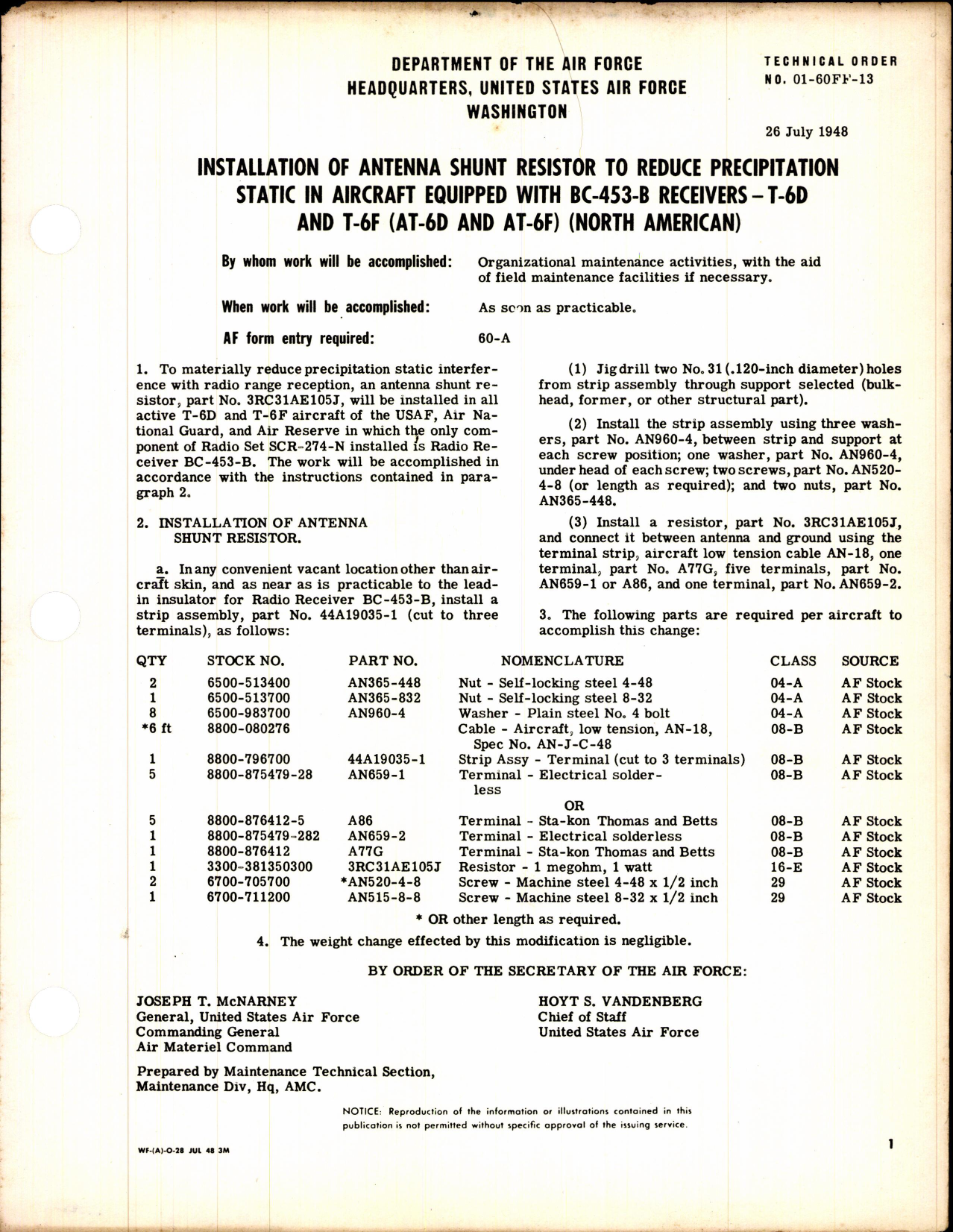 Sample page 1 from AirCorps Library document: Installation of Antenna Shunt Resistor to Reduce Precipitation Static in Aircraft Equipped with BC-45-B, Receivers