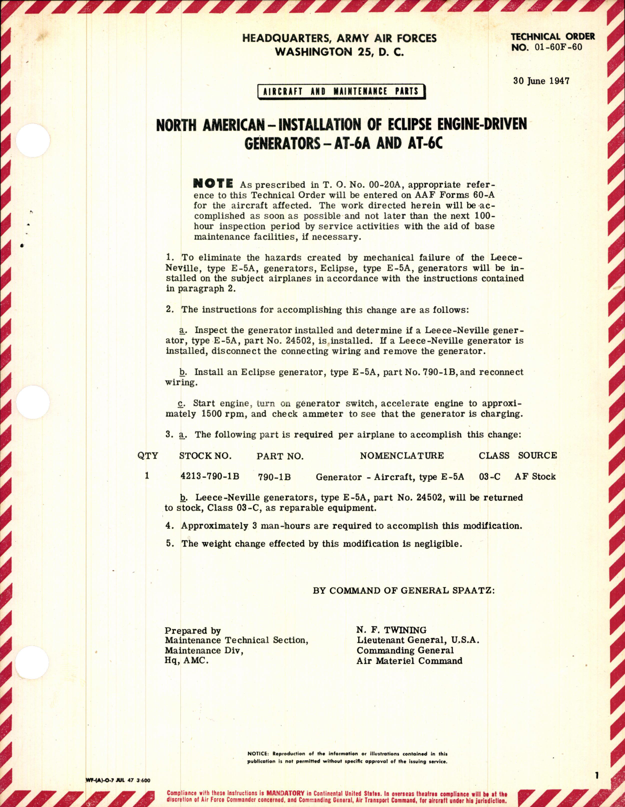 Sample page 1 from AirCorps Library document:  Installation of Eclipse Engine Driven Generators for AT-6A and AT-6C