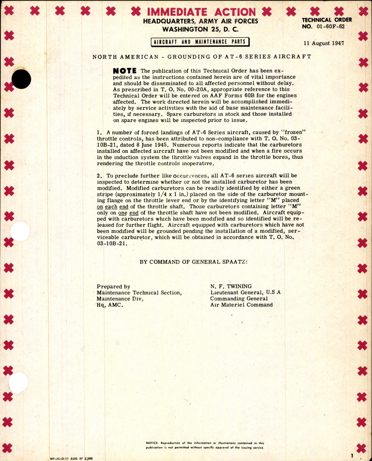 Sample page 1 from AirCorps Library document: Grounding of AT-6 Series Aircraft