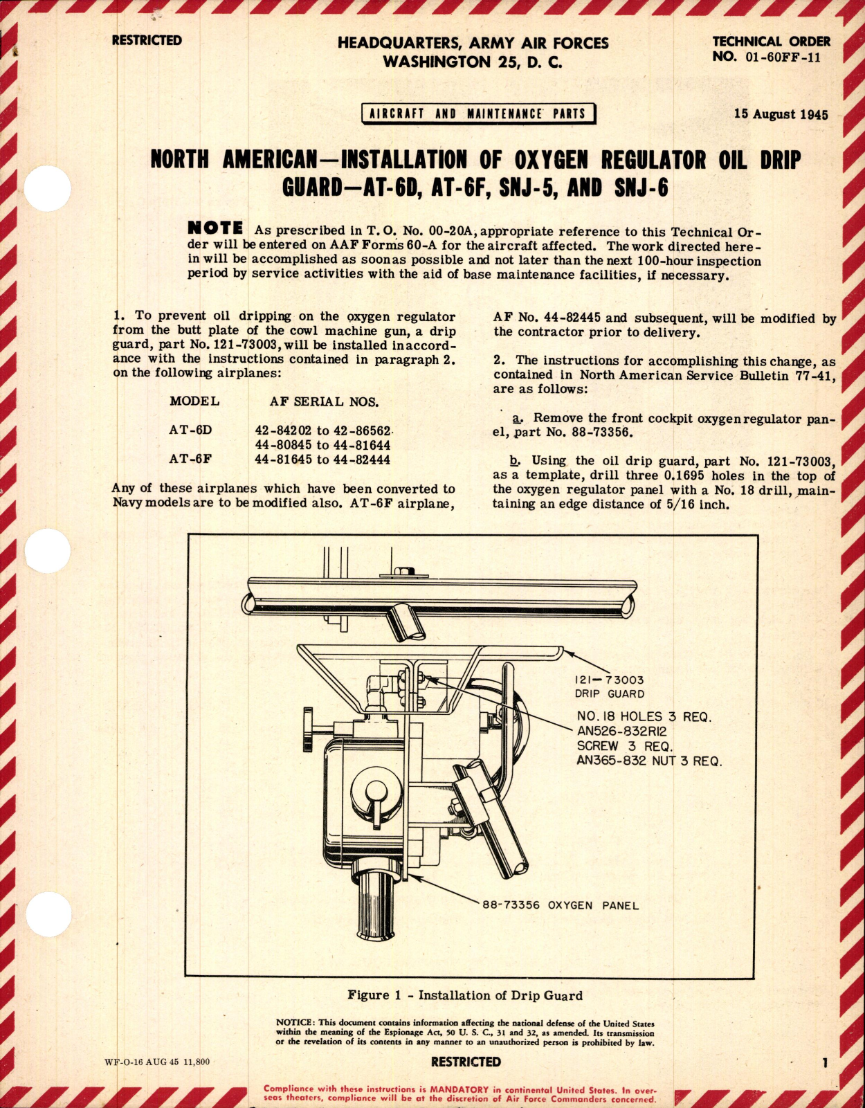 Sample page 1 from AirCorps Library document: Installation of Oxygen Regulator Oil Drip Guard for AT-6D, AT-6F, SNJ-5, and SNJ-6