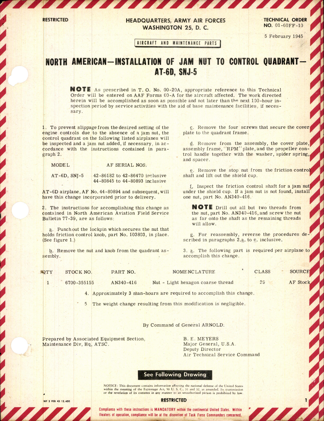 Sample page 1 from AirCorps Library document: Installation of Jam Nut to Control Quadrant for AT-6D and SNJ-5