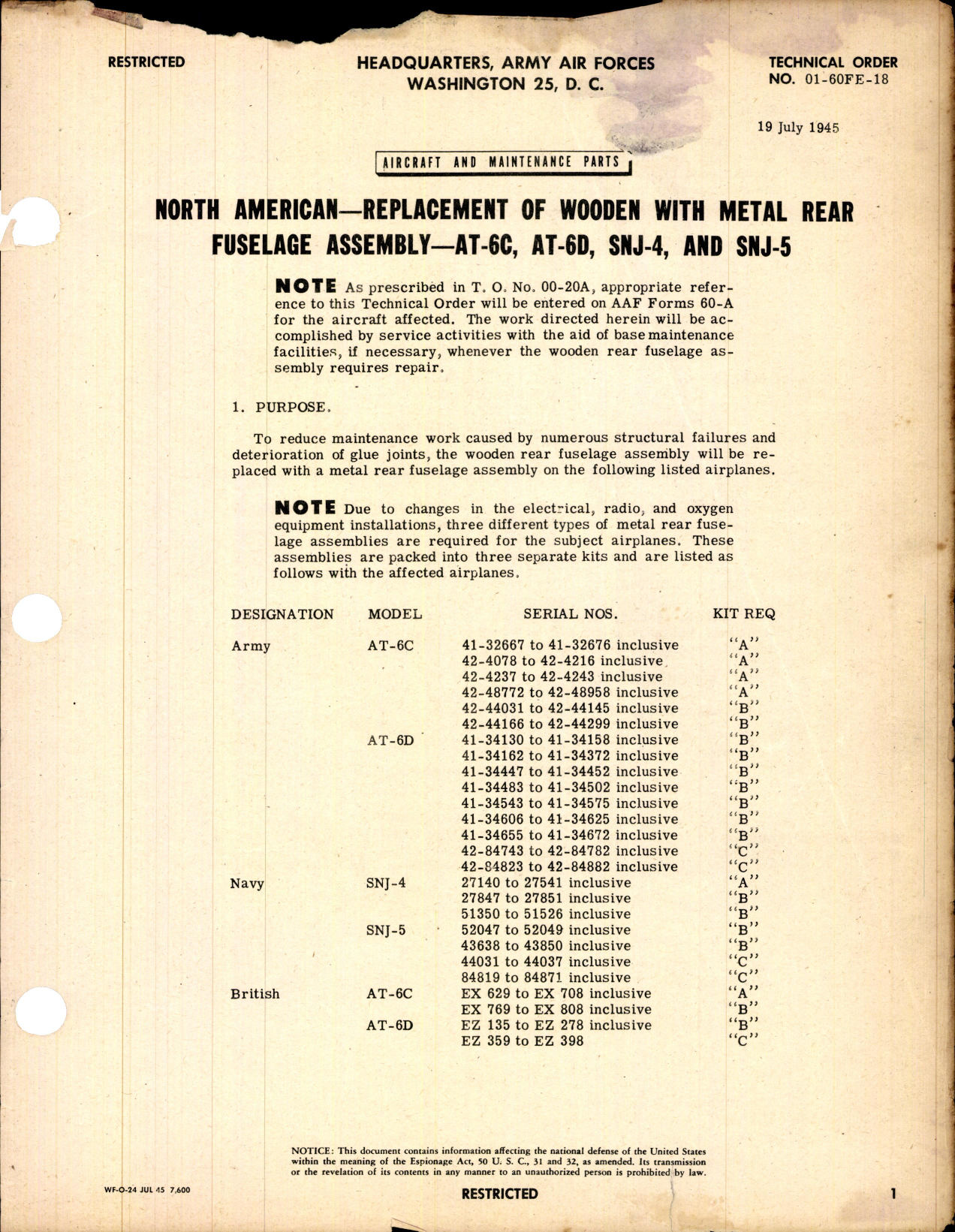 Sample page 1 from AirCorps Library document: Replacement of Wooden Seat with Metal Rear Fuselage Assembly for AT-6C, AT-6D, SNJ-4, and SNJ-5