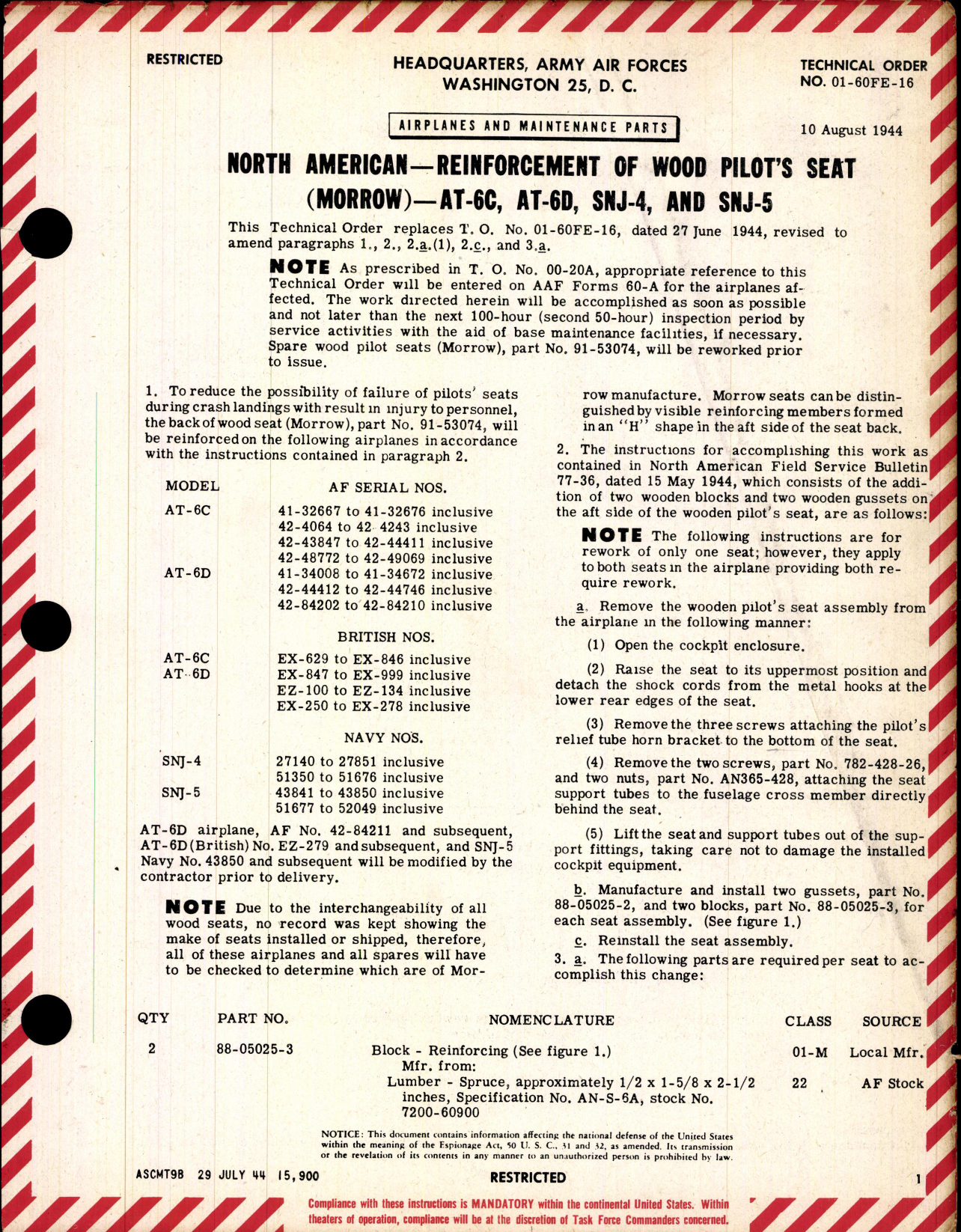 Sample page 1 from AirCorps Library document:  Reinforcement of Wood Pilots Seat (Morrow) for AT-6C, AT-6D, SNJ-4, and SNJ-5