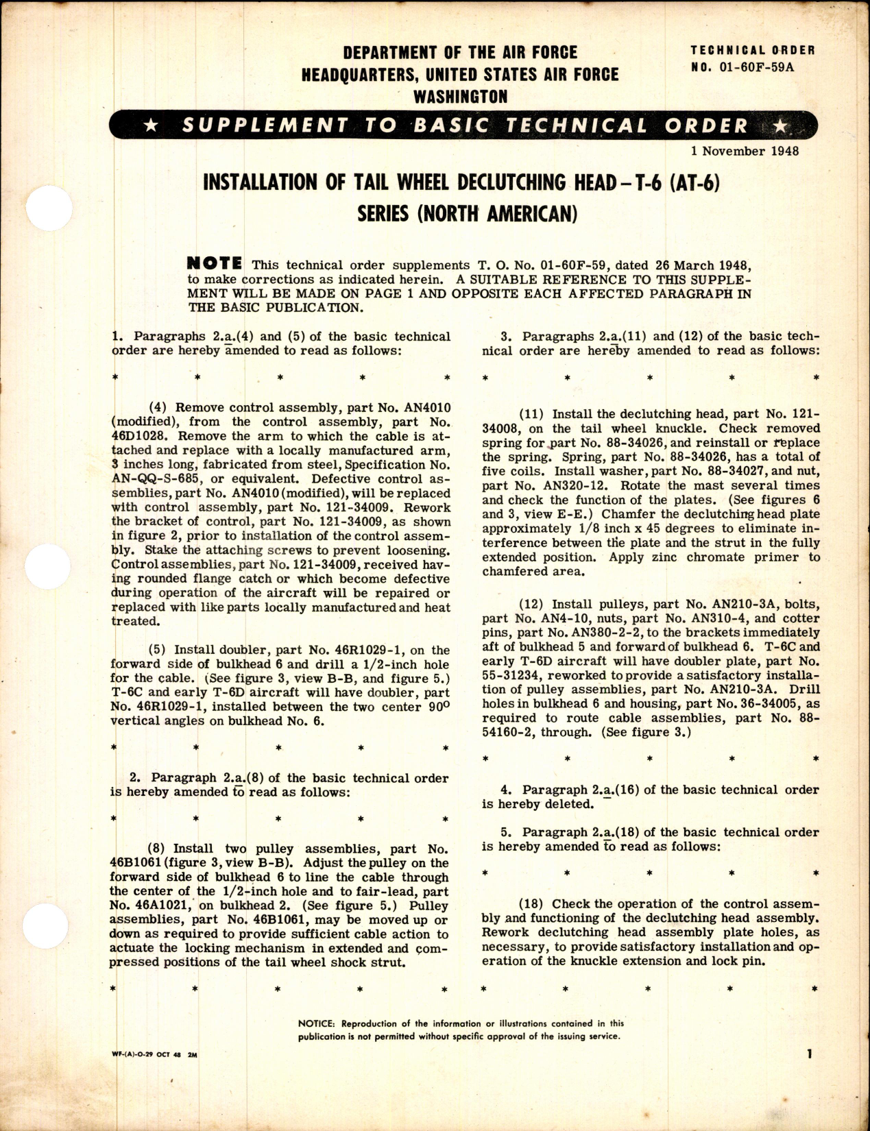 Sample page 1 from AirCorps Library document: Installation of Tail Wheel Declutching Head for T-6 (AT-6) Series