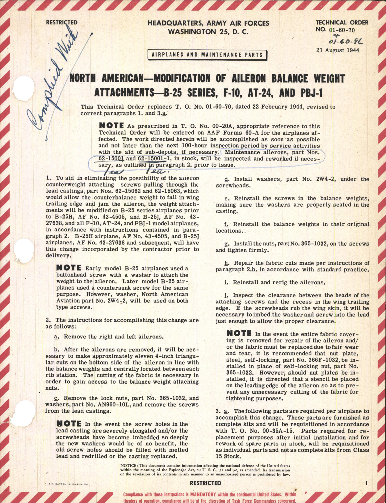 Sample page 1 from AirCorps Library document: Modification of Aileron Balance Weight Attachments for B-25