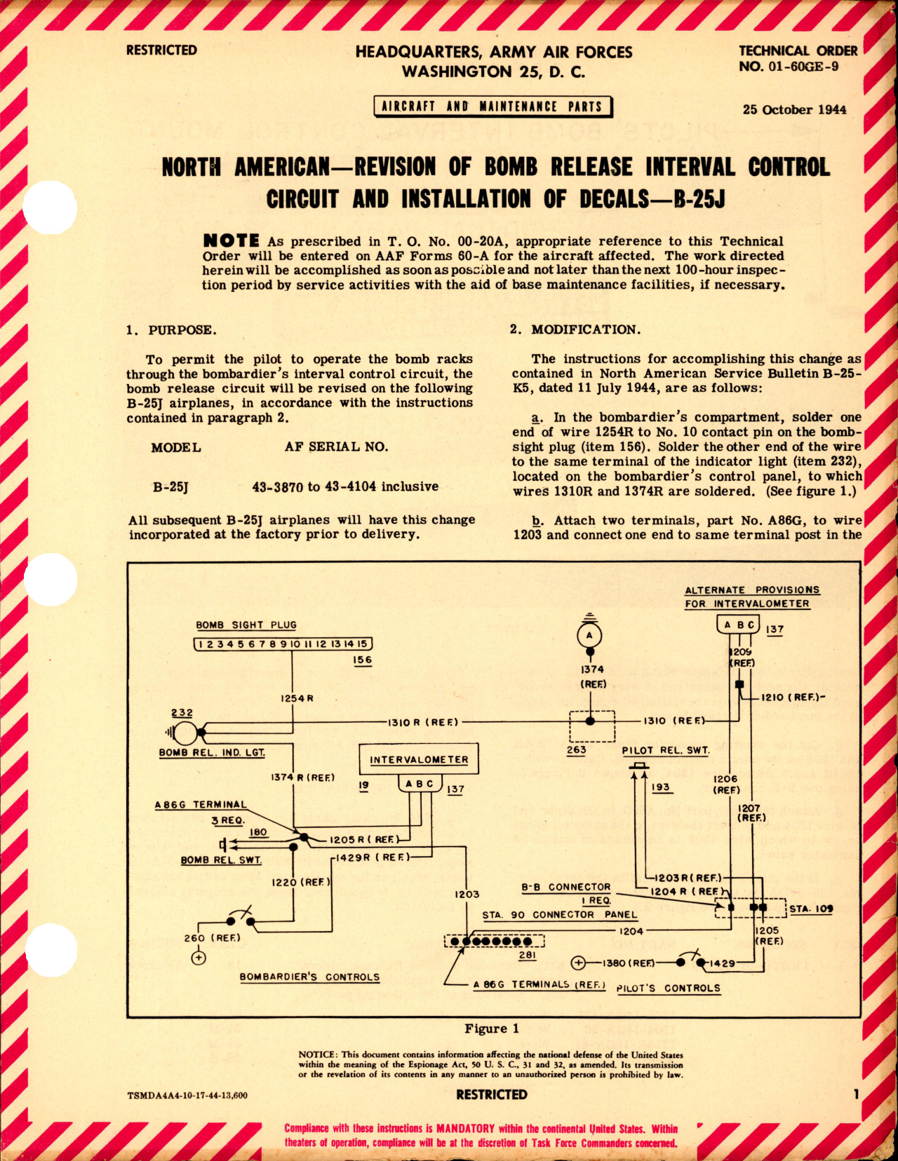 Sample page 1 from AirCorps Library document: Bomb Release Circuit & Installation of Decals for B-25J