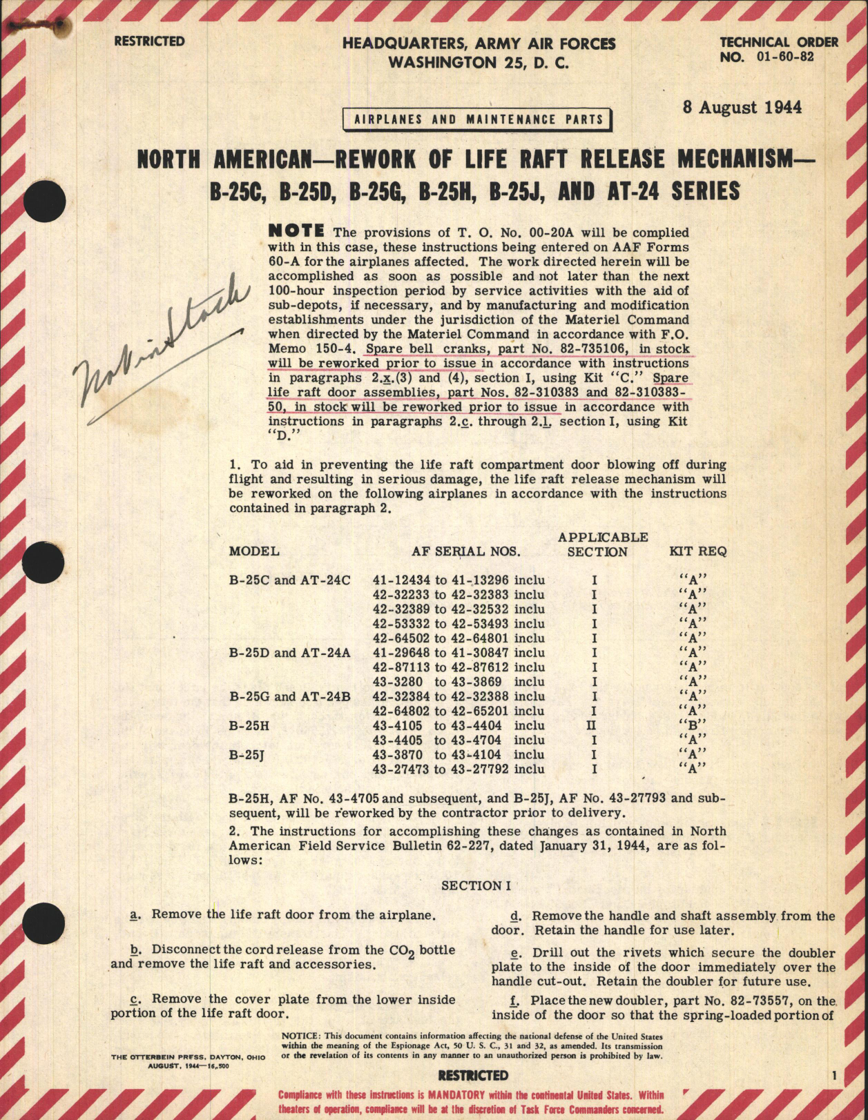 Sample page 1 from AirCorps Library document: Rework of Life Raft Release Mechanism for B-25