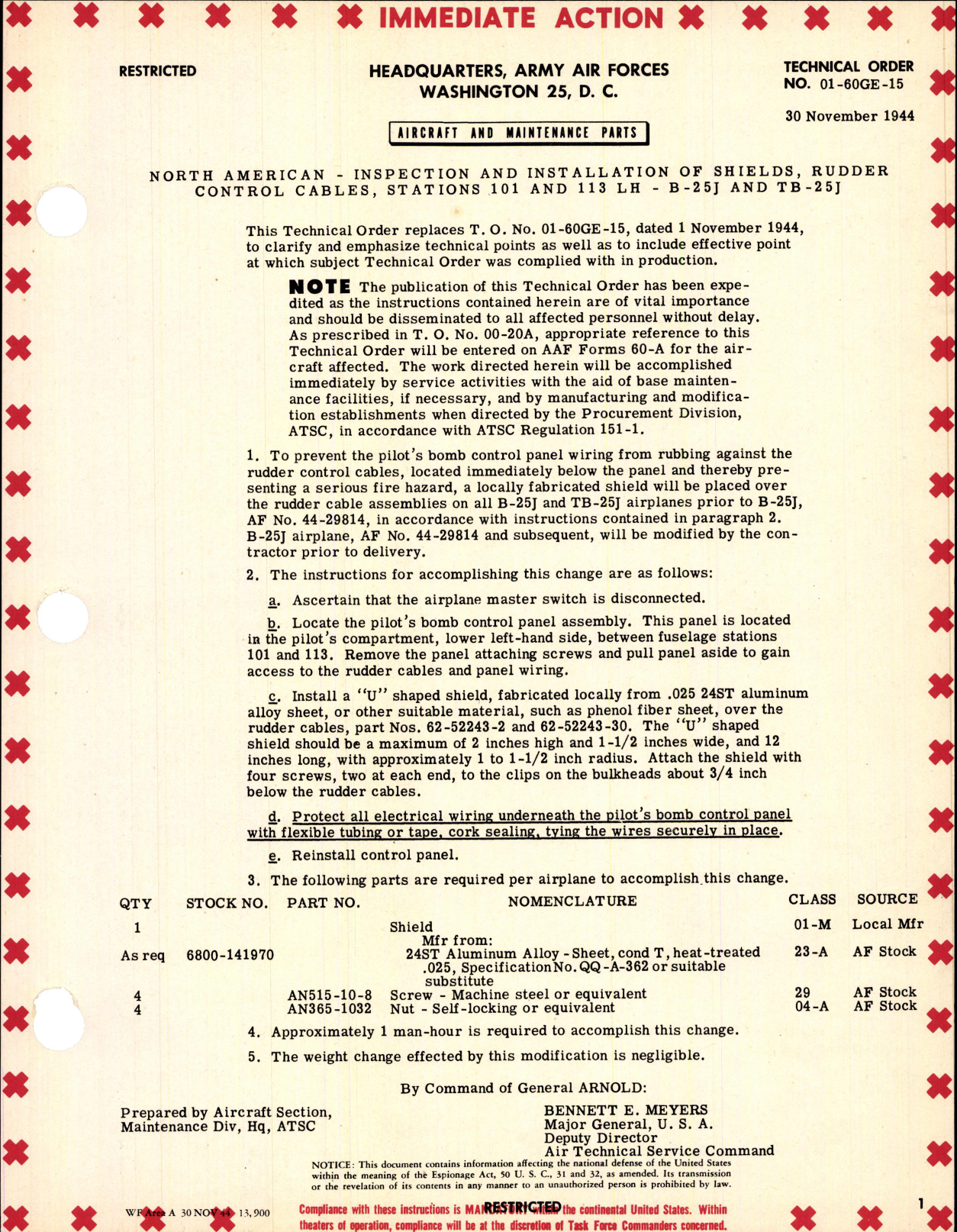 Sample page 1 from AirCorps Library document: Inspection and Installation of Shields, Rudder Control Cables