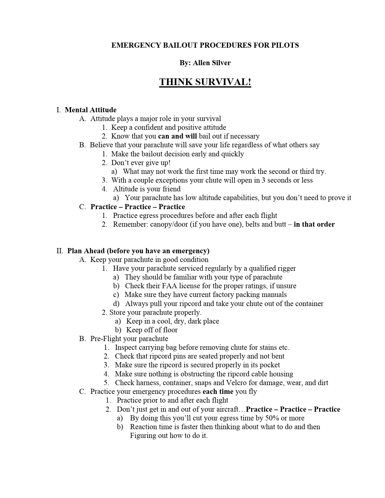 Sample page 1 from AirCorps Library document: Emergency Bailout Procedures for Pilots