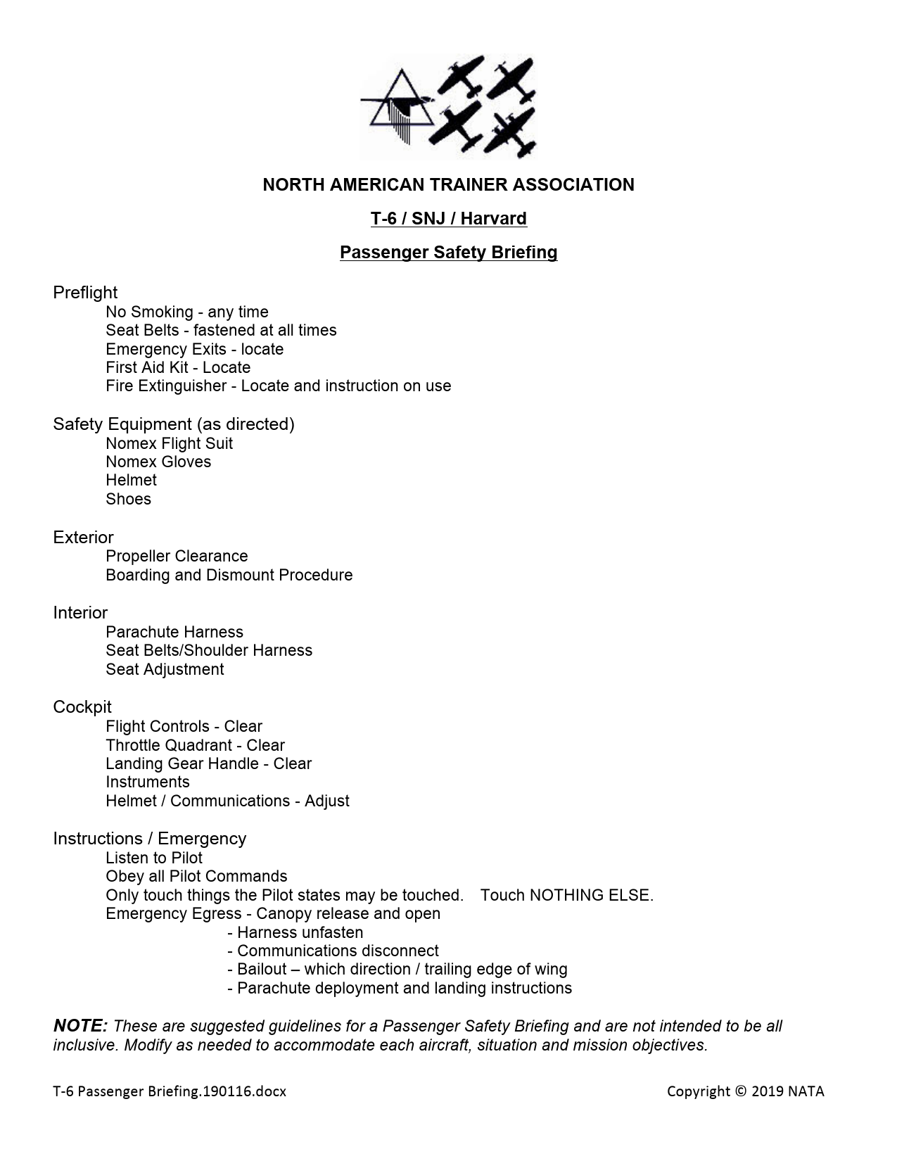 Sample page 1 from AirCorps Library document: T-6 / SNJ / Harvard Passenger Safety Briefing