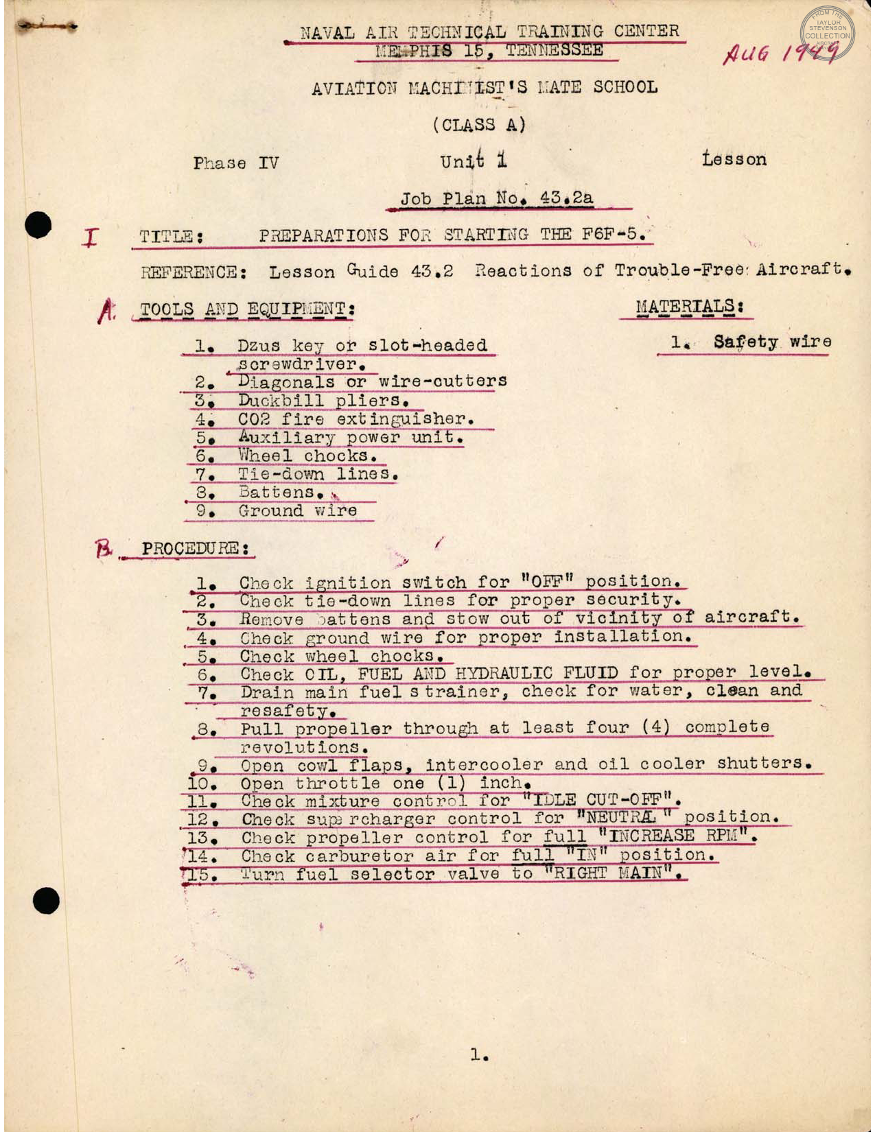Sample page 1 from AirCorps Library document: Naval Air Tech Training Center - Aviation Machinist Mate School Notes & Misc