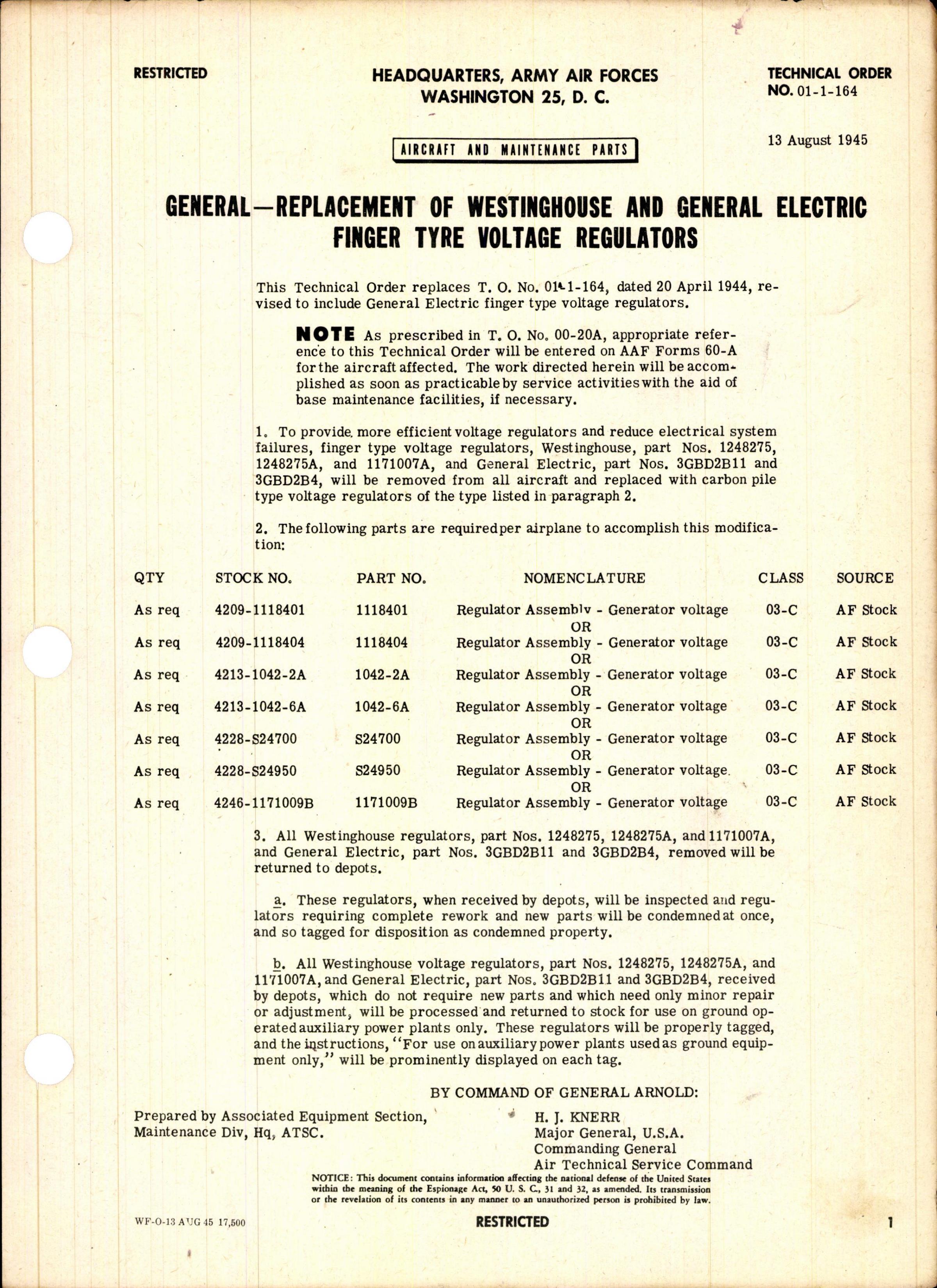 Sample page 1 from AirCorps Library document: Replacement of Westinghouse and General Electric Finger Tyre Voltage Regulators