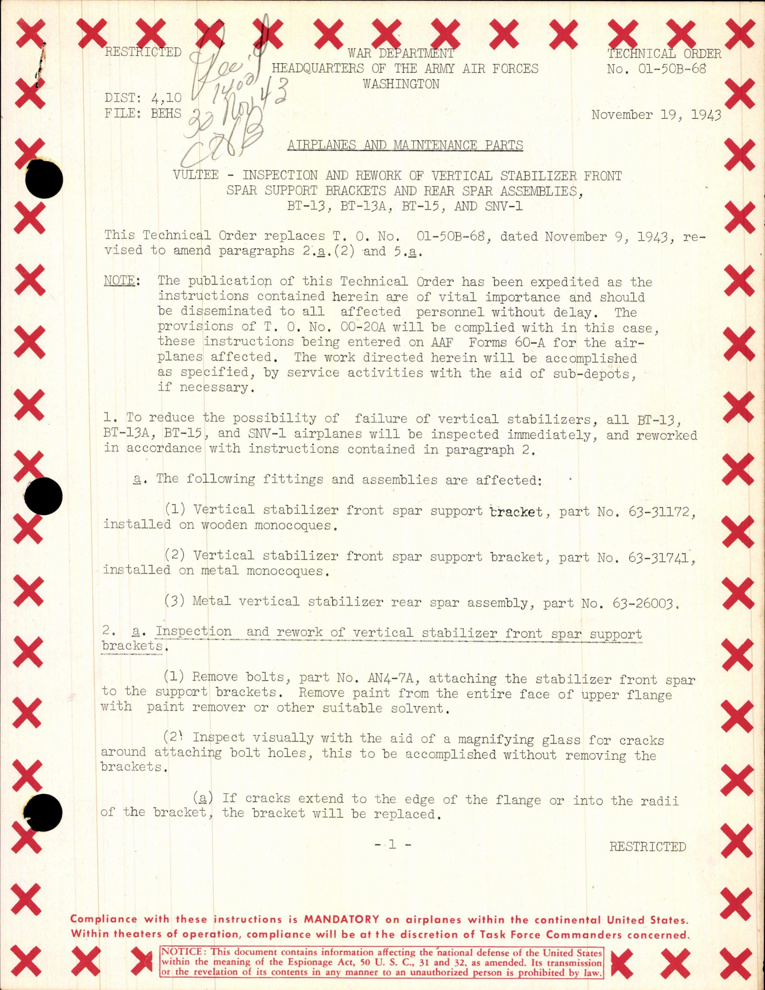 Sample page 1 from AirCorps Library document: Inspection and Rework of Vertical Stabilizer Front Spar Support Brackets and Rear Spar Assemblies, BT-13, BT-13A, BT-15, and SNV-1