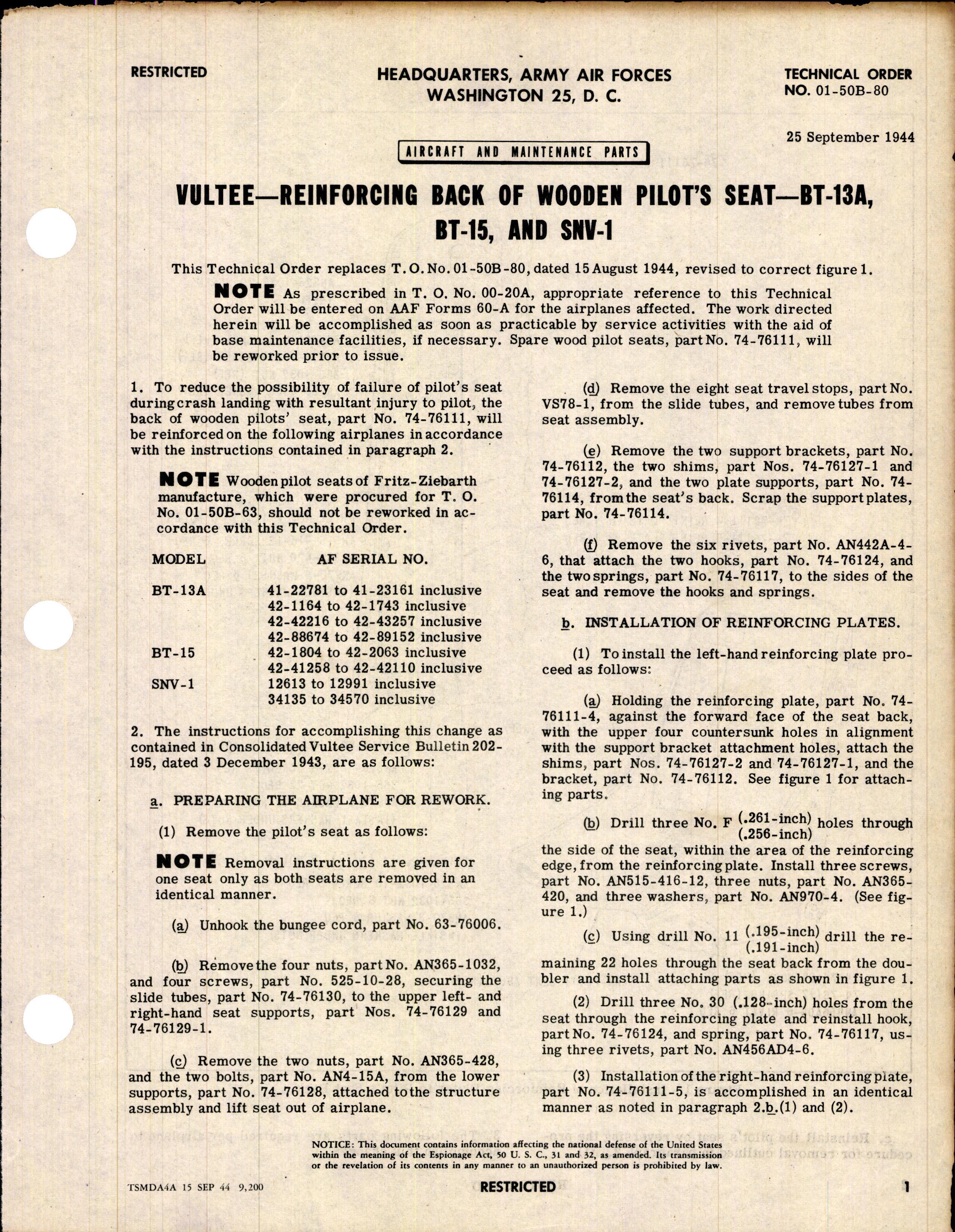 Sample page 1 from AirCorps Library document: Reinforcing Back of Wooden Pilot's Seat - BT-13A, BT-15, and SNV-1