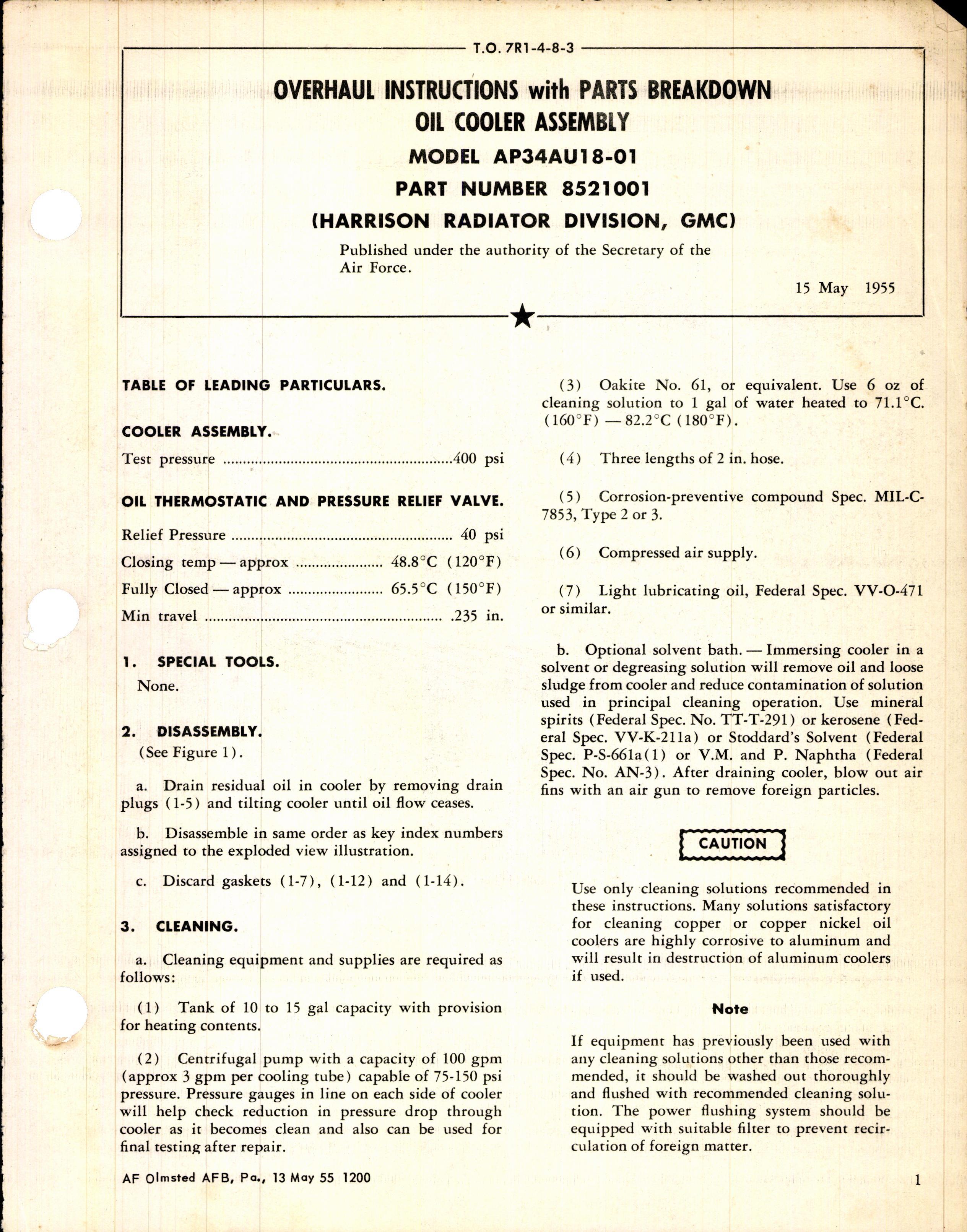 Sample page 1 from AirCorps Library document: Overhaul Instructions with Parts Breakdown Oil Cooler Assembly