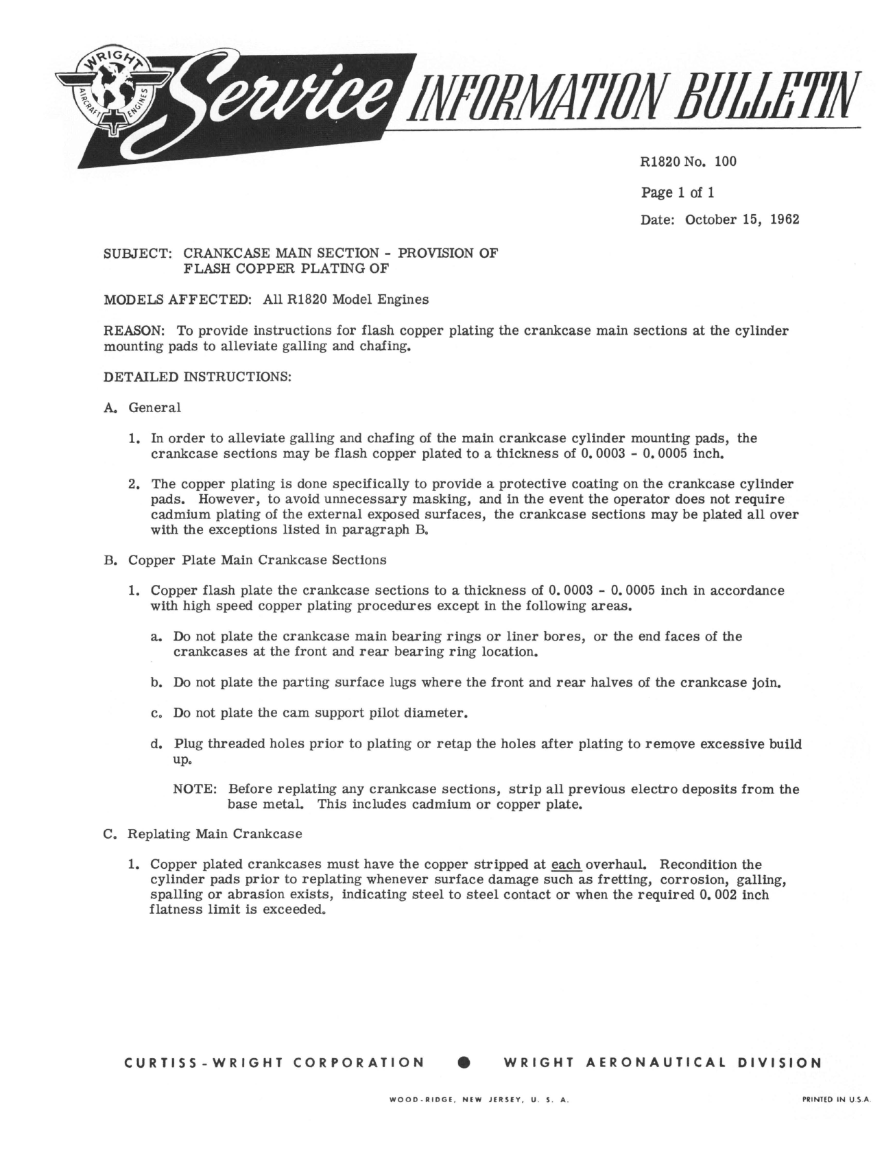 Sample page 1 from AirCorps Library document: Provision of Flash Copper Plating of Crankcase Main Section
