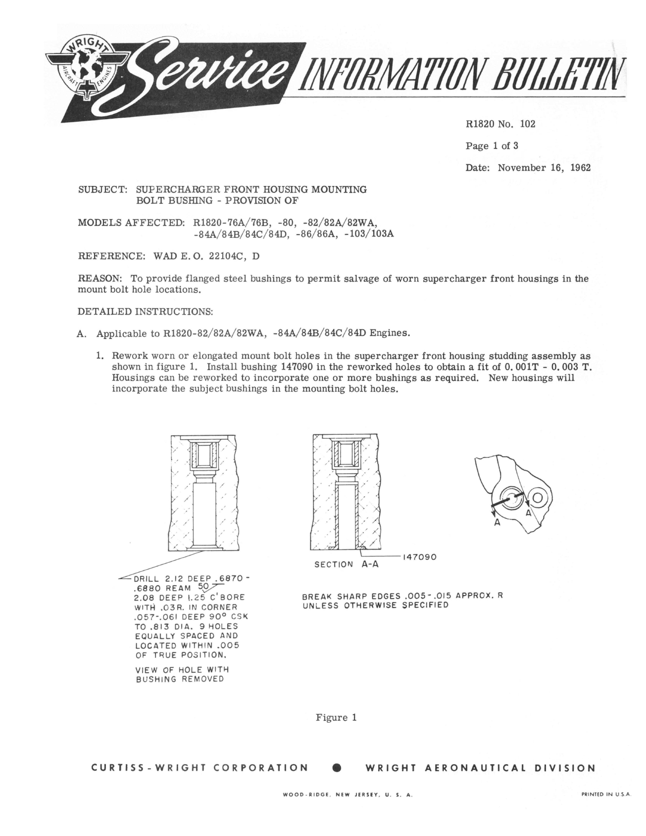 Sample page 1 from AirCorps Library document: Provision of Supercharger Front Housing Mounting Bolt Bushing