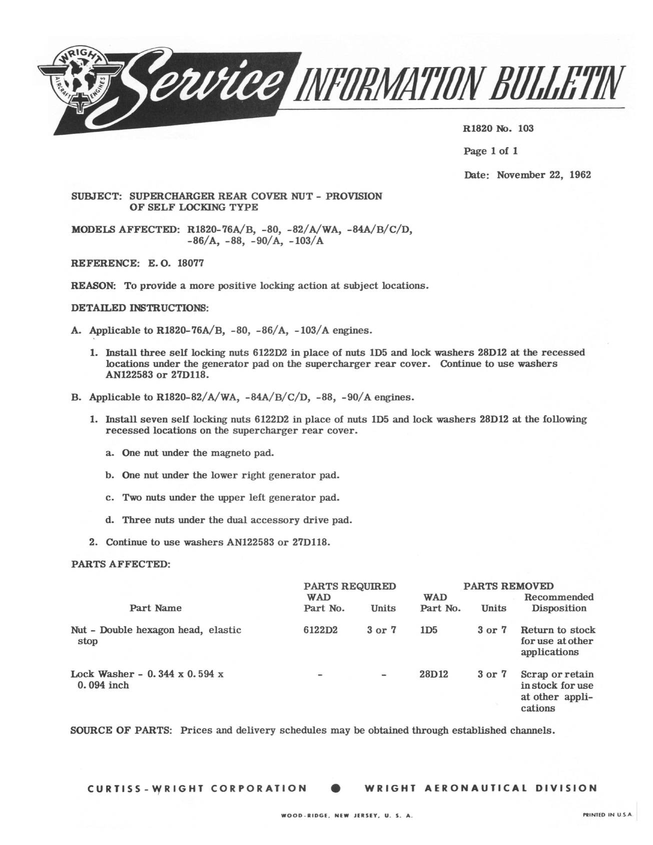 Sample page 1 from AirCorps Library document: Supercharger Rear Cover Nut - Provision of Self Locking Nut Type