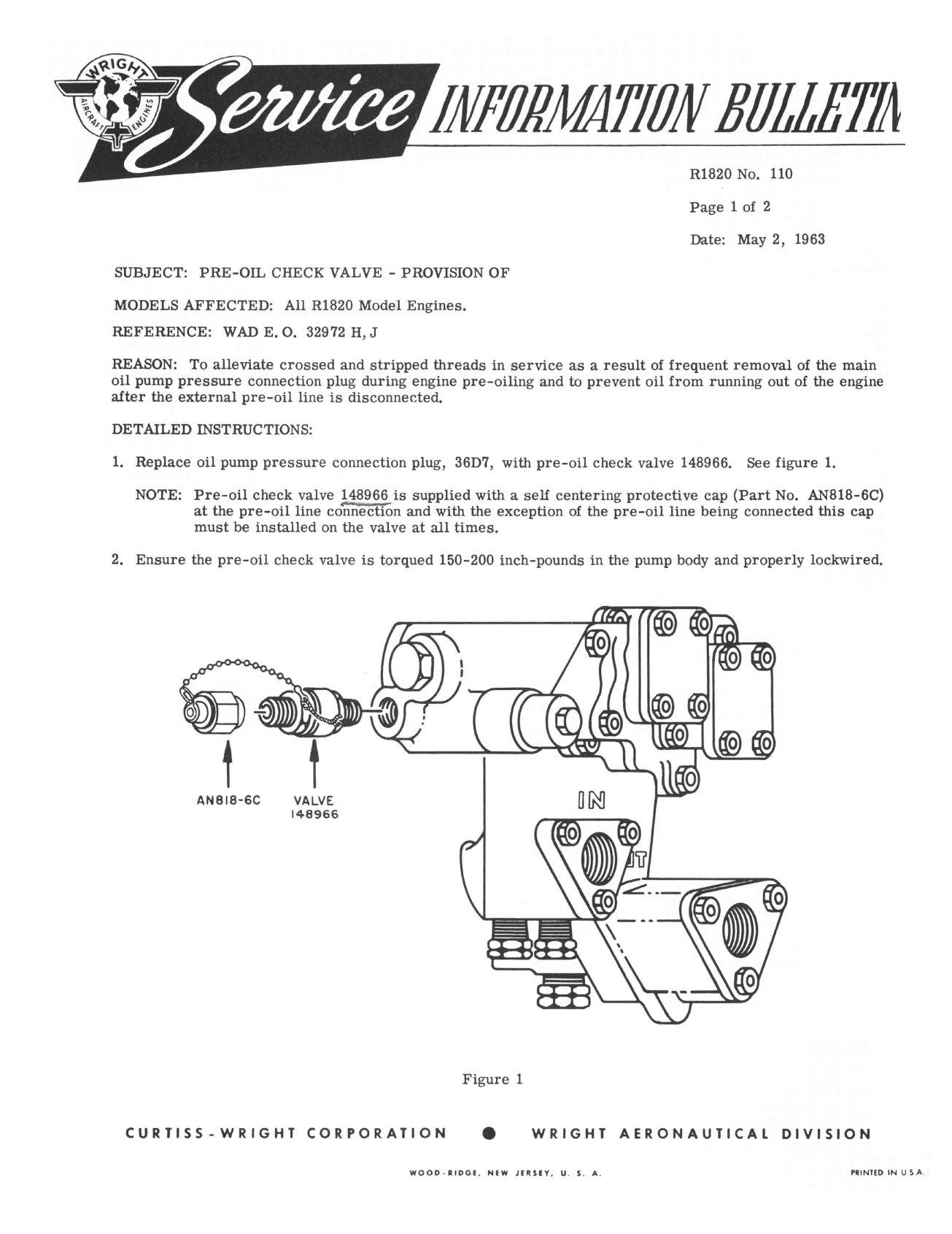 Sample page 1 from AirCorps Library document: Provision of Pre-Oil Check Valve