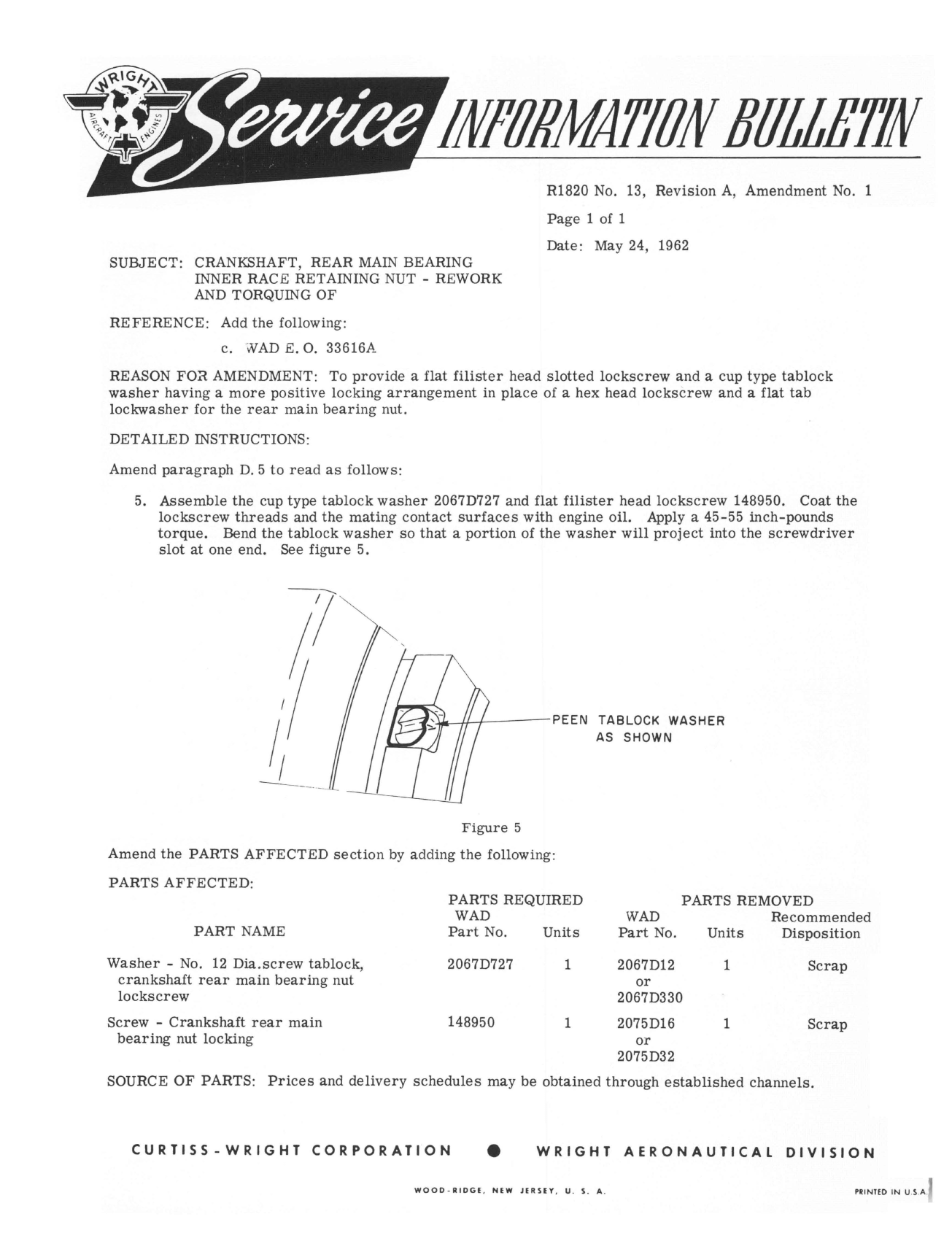 Sample page 1 from AirCorps Library document: Rework & Torque of Crankshaft, Rear Main Bearing Inner Race Retaining Nut