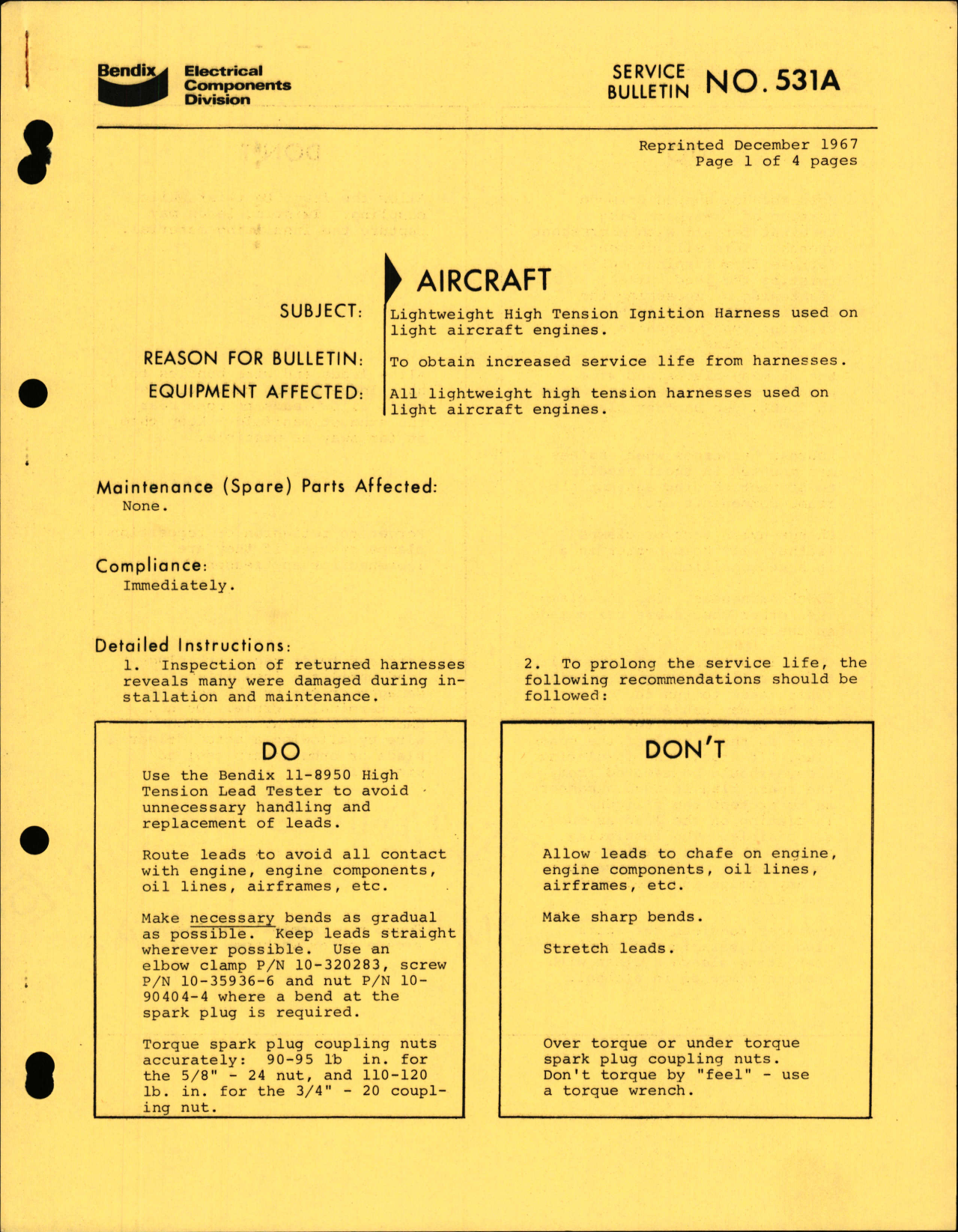 Sample page 1 from AirCorps Library document: Lightweight High Tension Ignition Harness used on Light Aircraft Engines