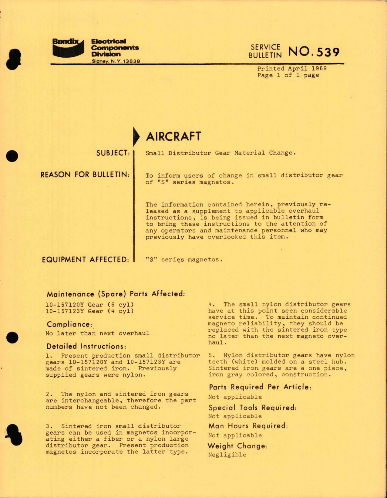 Sample page 1 from AirCorps Library document: Small Distributor Gear Material Change