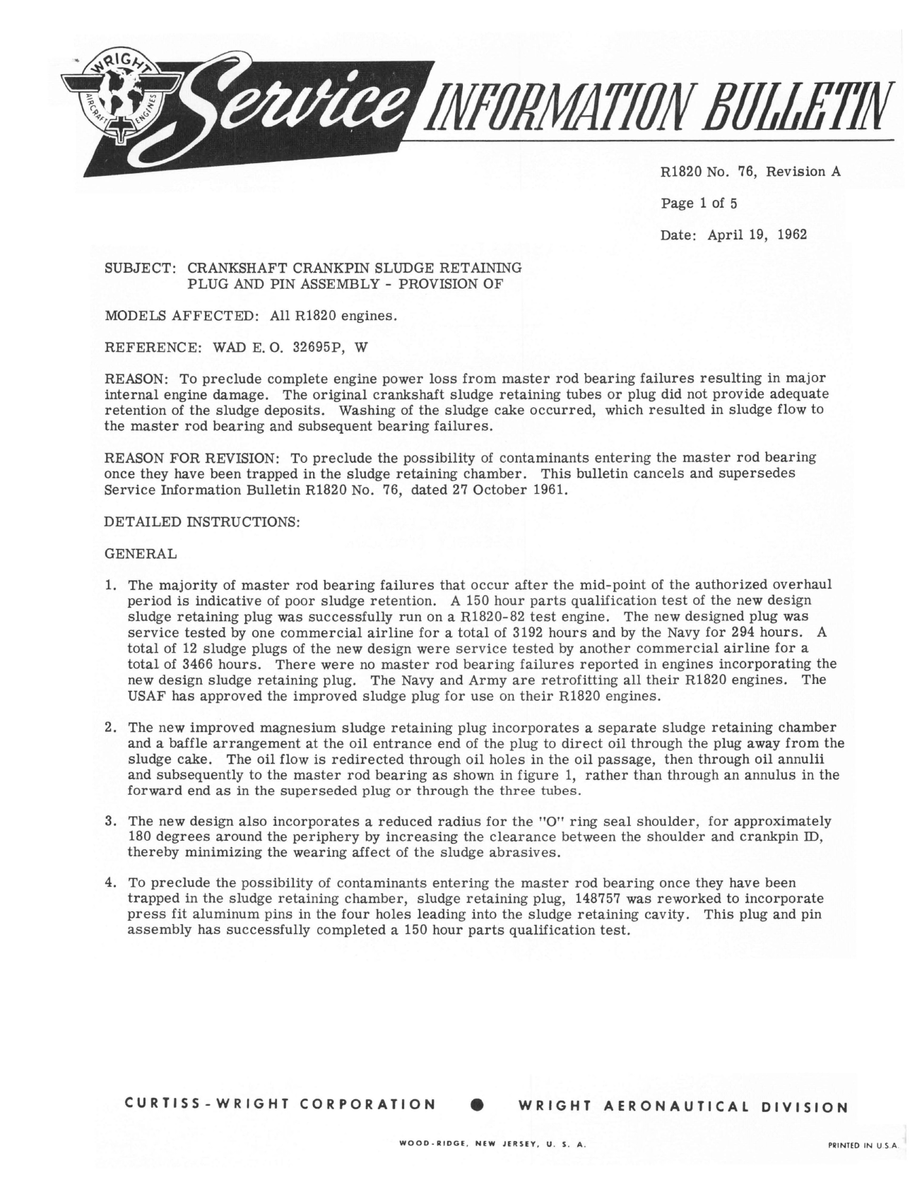 Sample page 1 from AirCorps Library document: Provision for Crankshaft Crankpin Sludge Retaining Plug & Pin Assembly