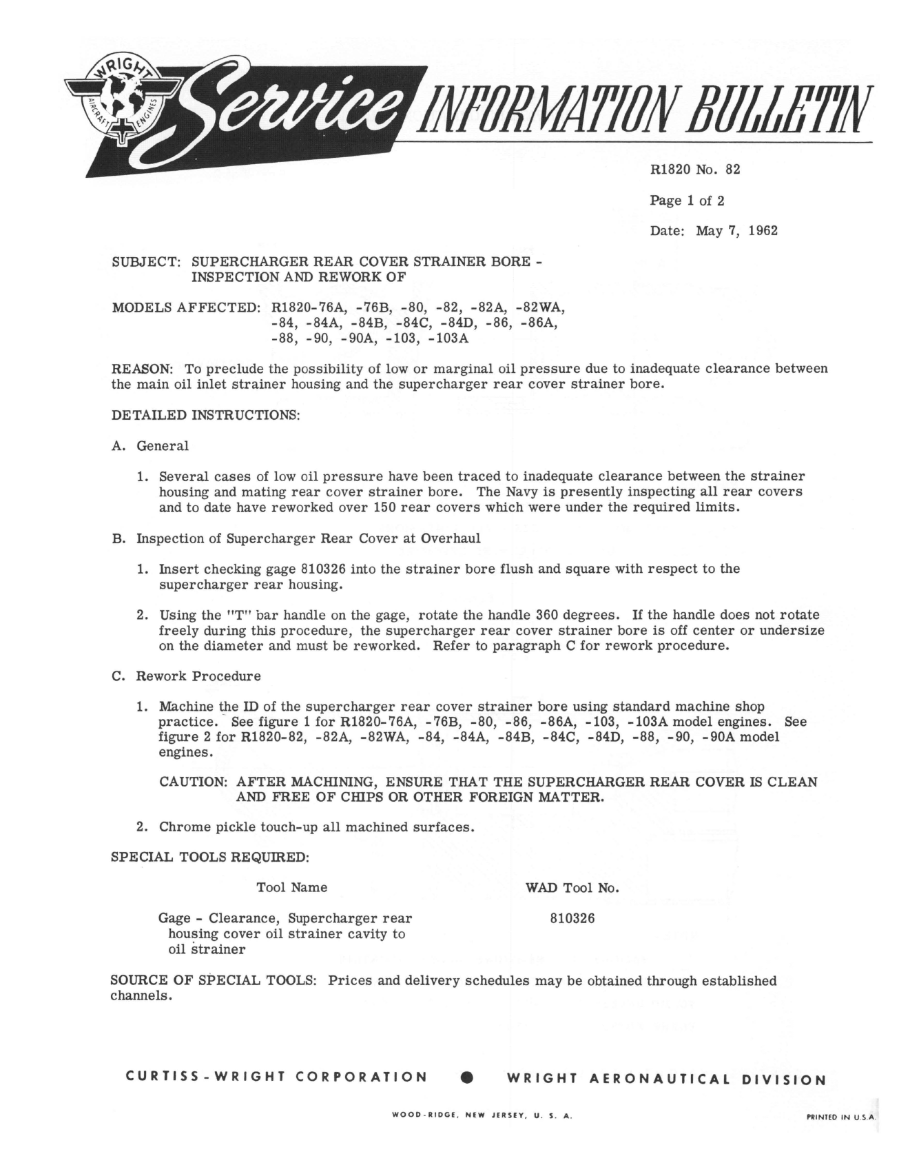 Sample page 1 from AirCorps Library document: Inspection & Rework of Supercharger Rear Cover Strainer Bore