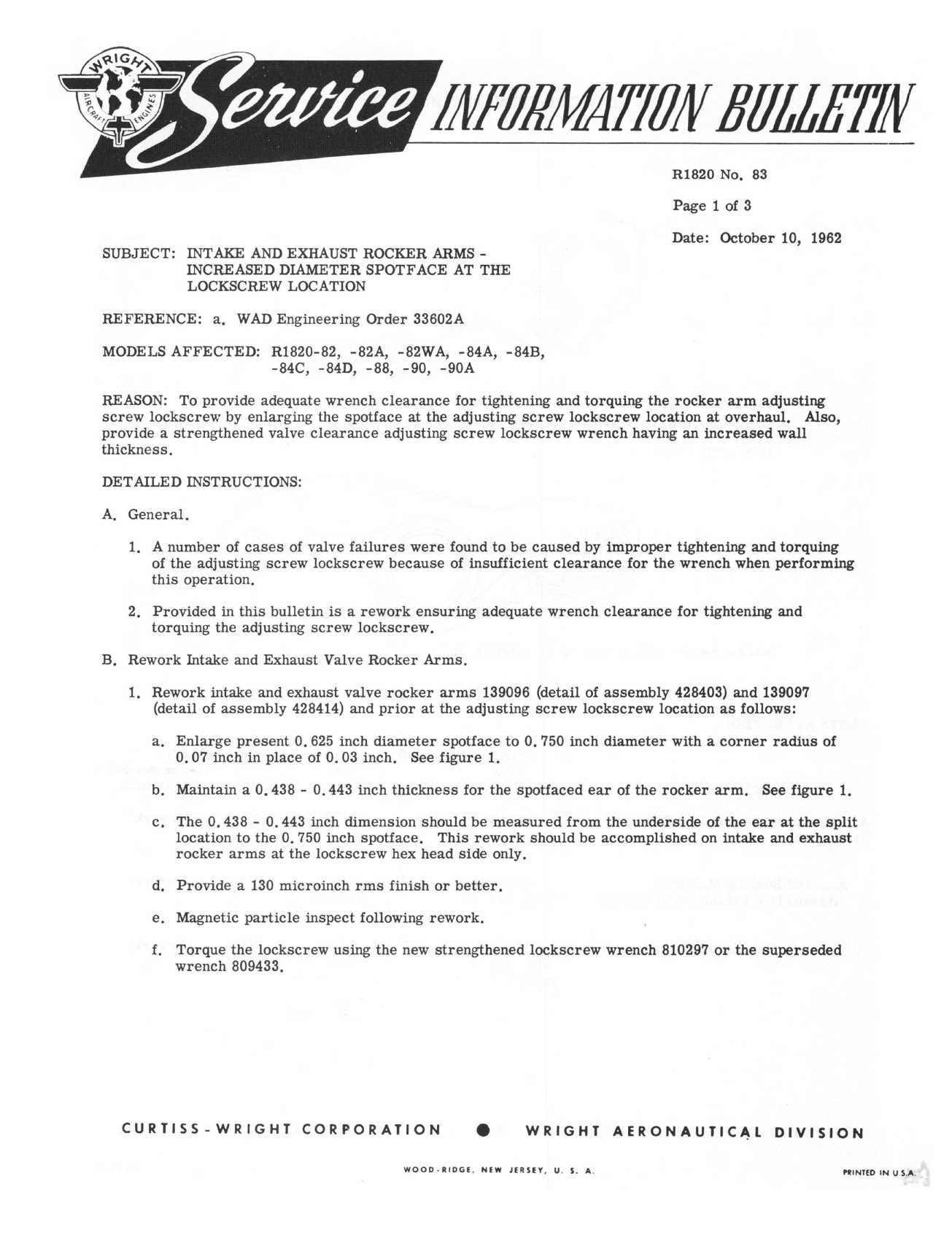 Sample page 1 from AirCorps Library document: Intake & Exhaust Rocker Arms - Increased Diameter Spotface at Lockscrew