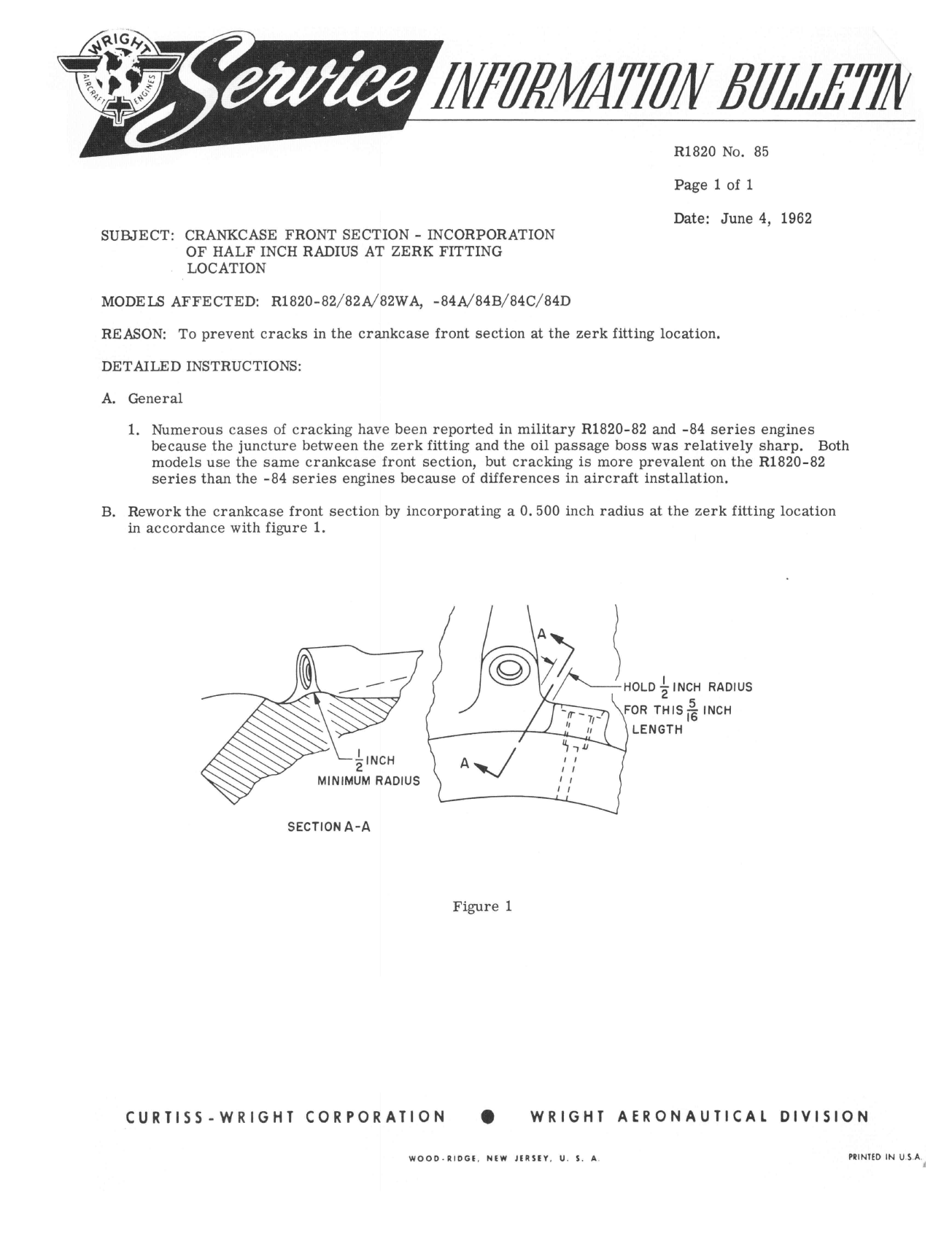 Sample page 1 from AirCorps Library document: Crankcase Front Sec. - Incorporation of 1/2 Inch Radius at Zerk Fitting Location