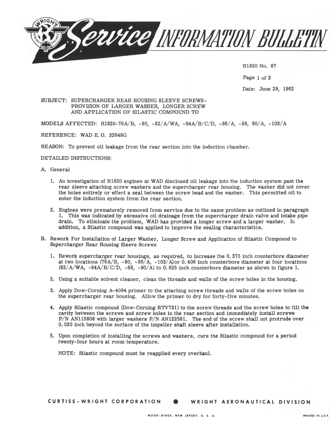 Sample page 1 from AirCorps Library document: Provision of Larger Washer, Longer Screw & Application of Silastic Compound