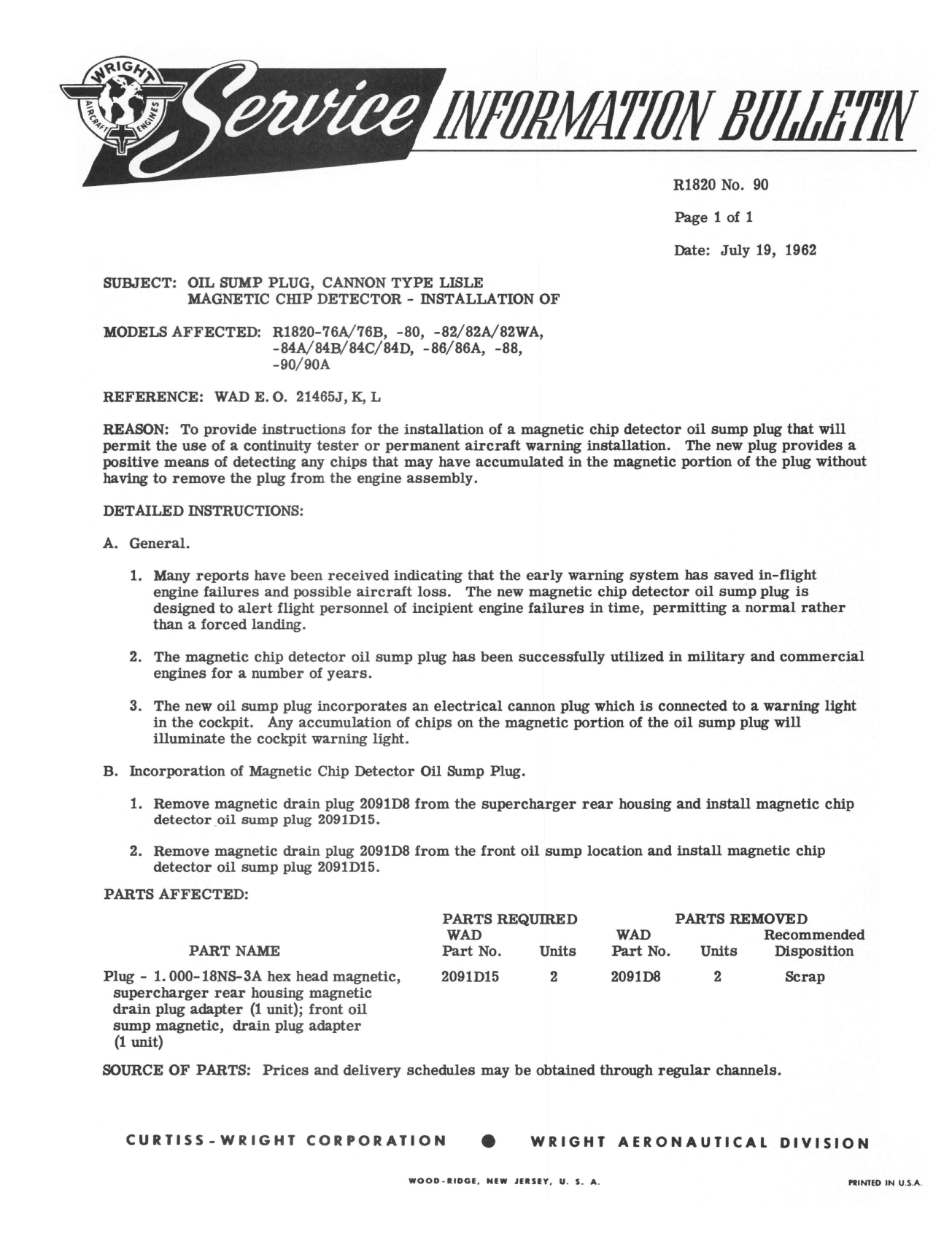 Sample page 1 from AirCorps Library document: Installation of Oil Sump Plug, Cannon Type Lisle Magnetic Chip Detector